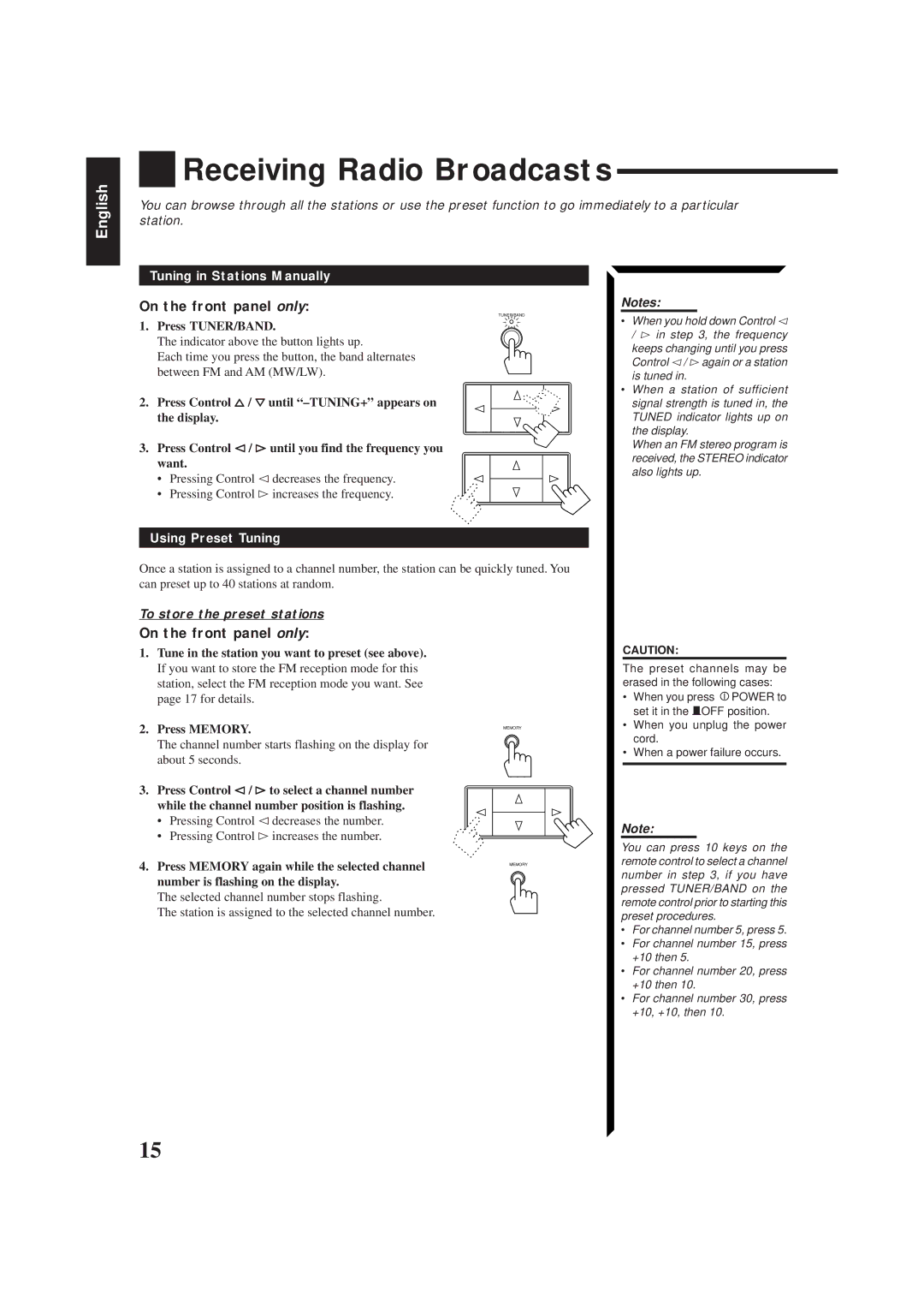 JVC RX-554RBK Receiving Radio Broadcasts, Tuning in Stations Manually, Using Preset Tuning, To store the preset stations 