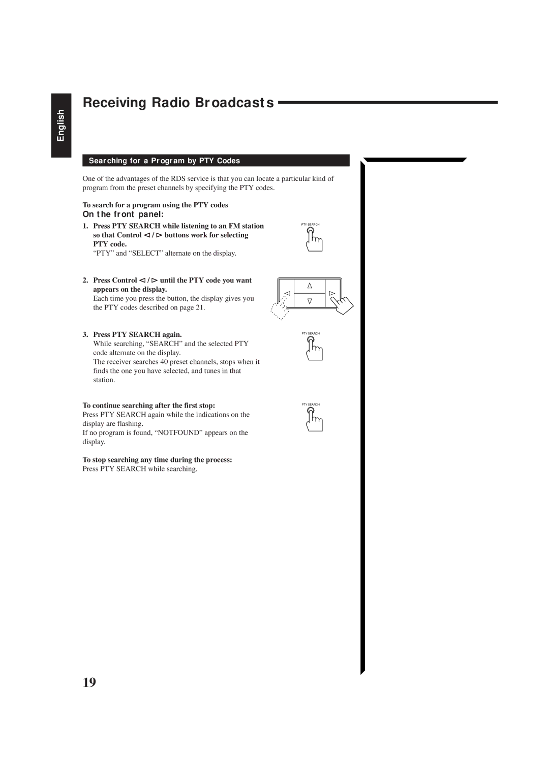 JVC RX-554RBK Searching for a Program by PTY Codes, To search for a program using the PTY codes, Press PTY Search again 