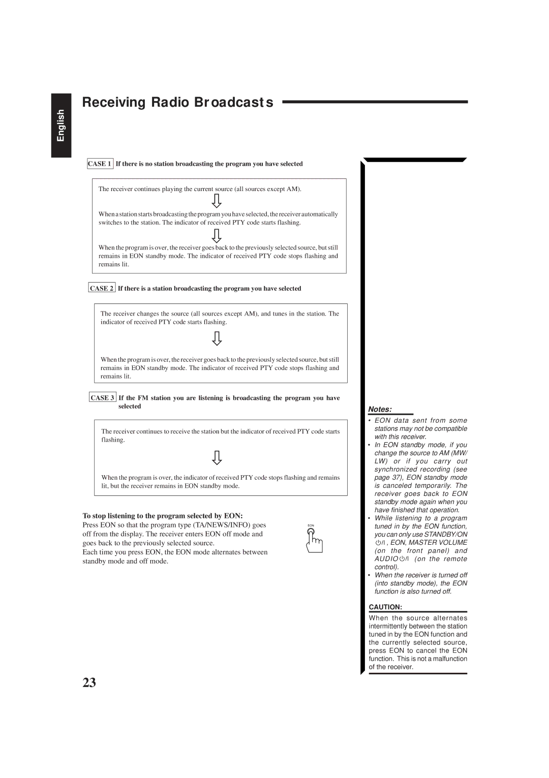 JVC RX-554RBK manual To stop listening to the program selected by EON, Press EON so that the program type TA/NEWS/INFO goes 