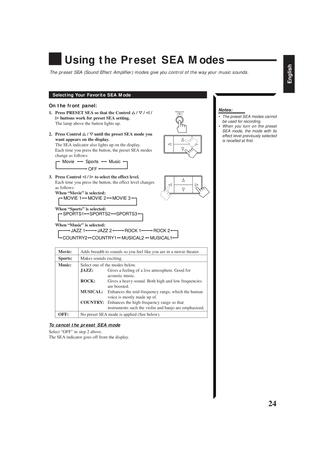 JVC RX-554RBK manual Using the Preset SEA Modes, Selecting Your Favorite SEA Mode, To cancel the preset SEA mode 