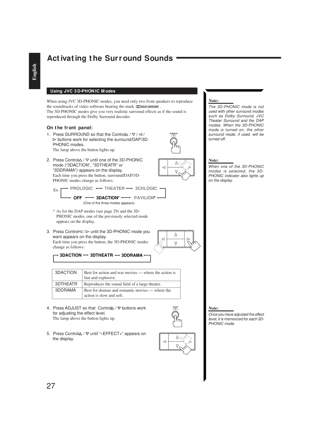 JVC RX-554RBK manual Activating the Surround Sounds, Using JVC 3D-PHONIC Modes, 3DACTION, 3DTHEATR, 3DDRAMA 