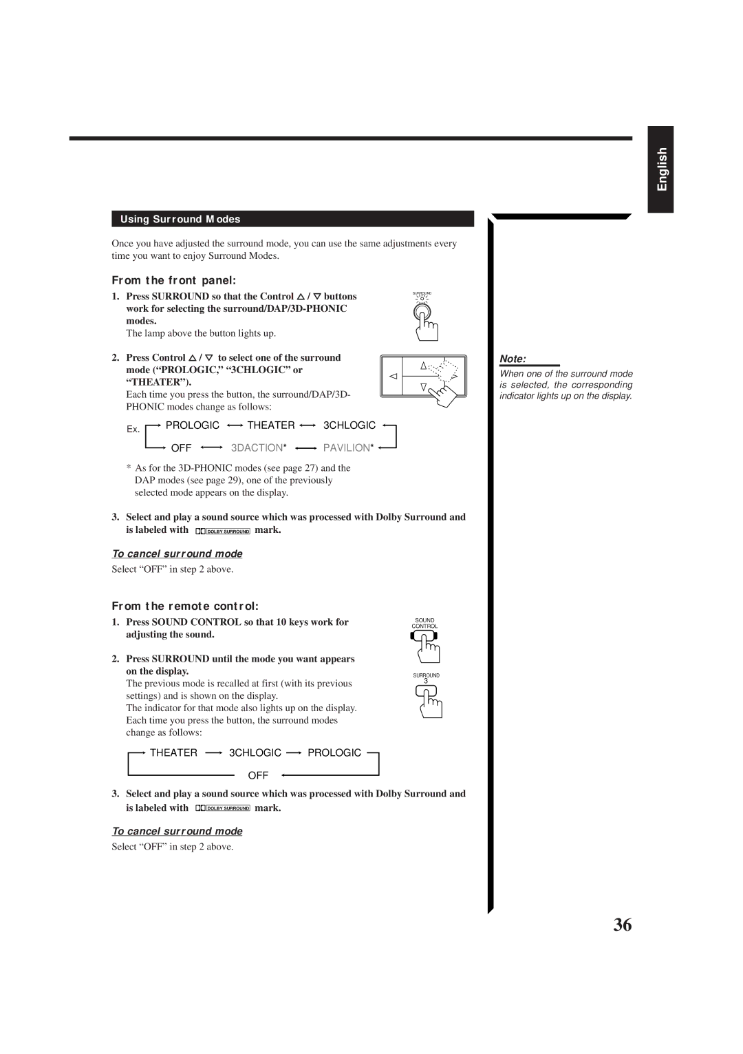 JVC RX-554RBK manual From the front panel, Using Surround Modes, Work for selecting the surround/DAP/3D-PHONIC Modes 