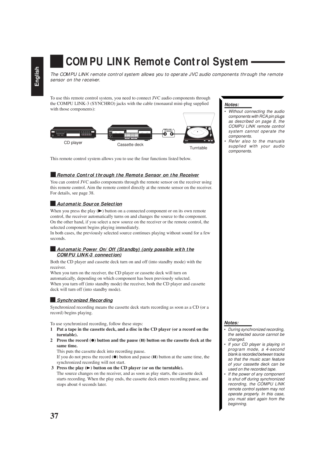 JVC RX-554RBK manual Compu Link Remote Control System, Remote Control through the Remote Sensor on the Receiver 