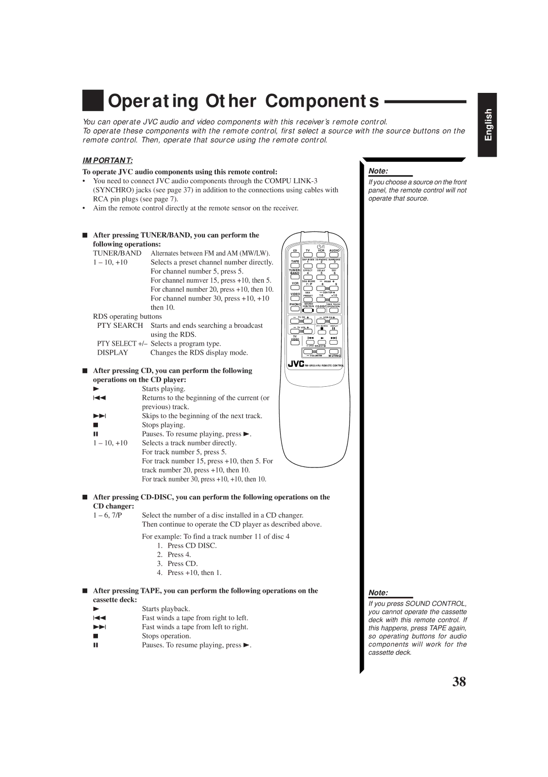 JVC RX-554RBK manual Operating Other Components, To operate JVC audio components using this remote control 