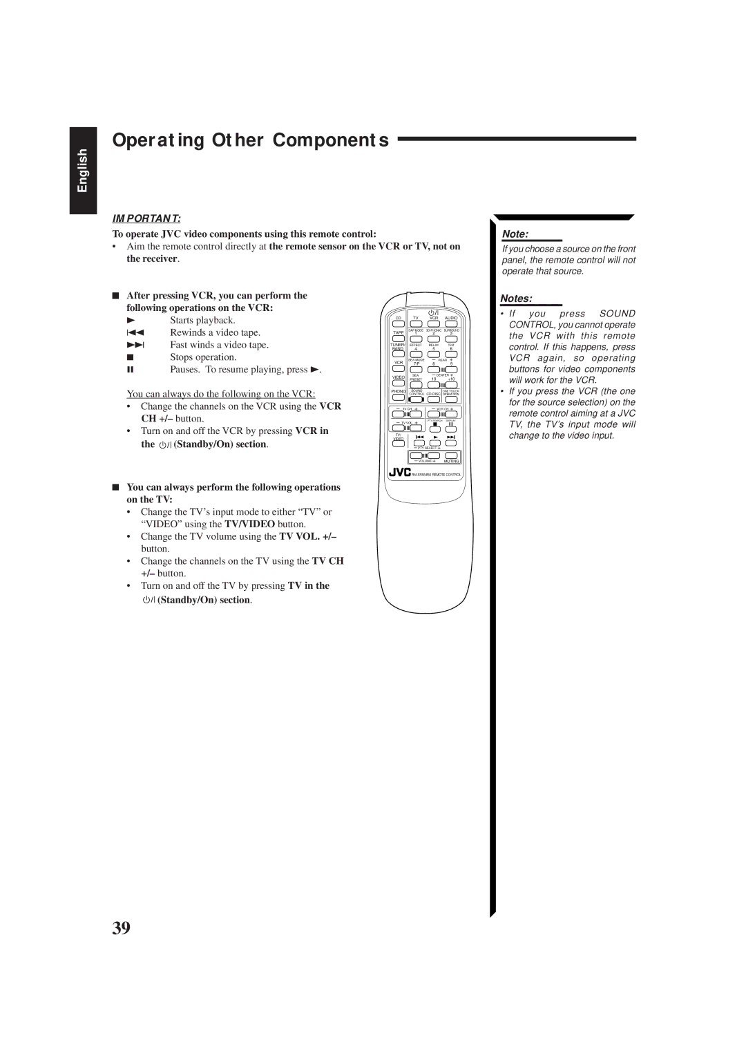 JVC RX-554RBK manual Operating Other Components, Standby/On section 