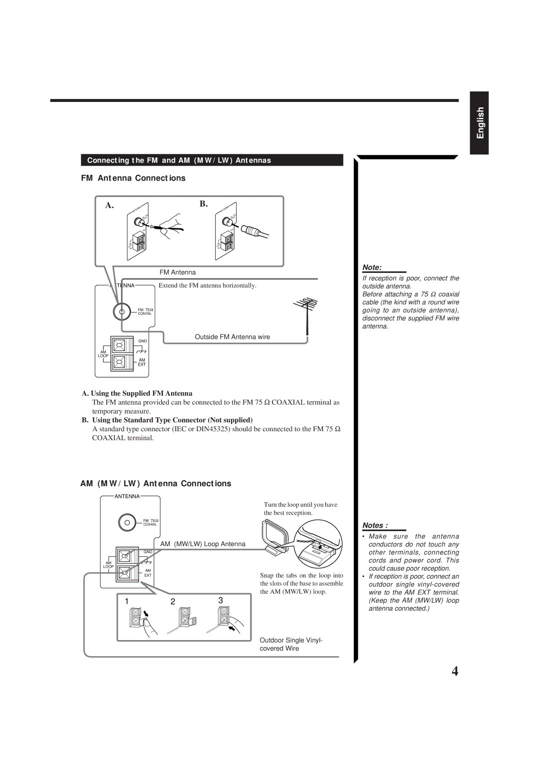 JVC RX-554RBK manual FM Antenna Connections, AM MW/LW Antenna Connections, Connecting the FM and AM MW/LW Antennas 