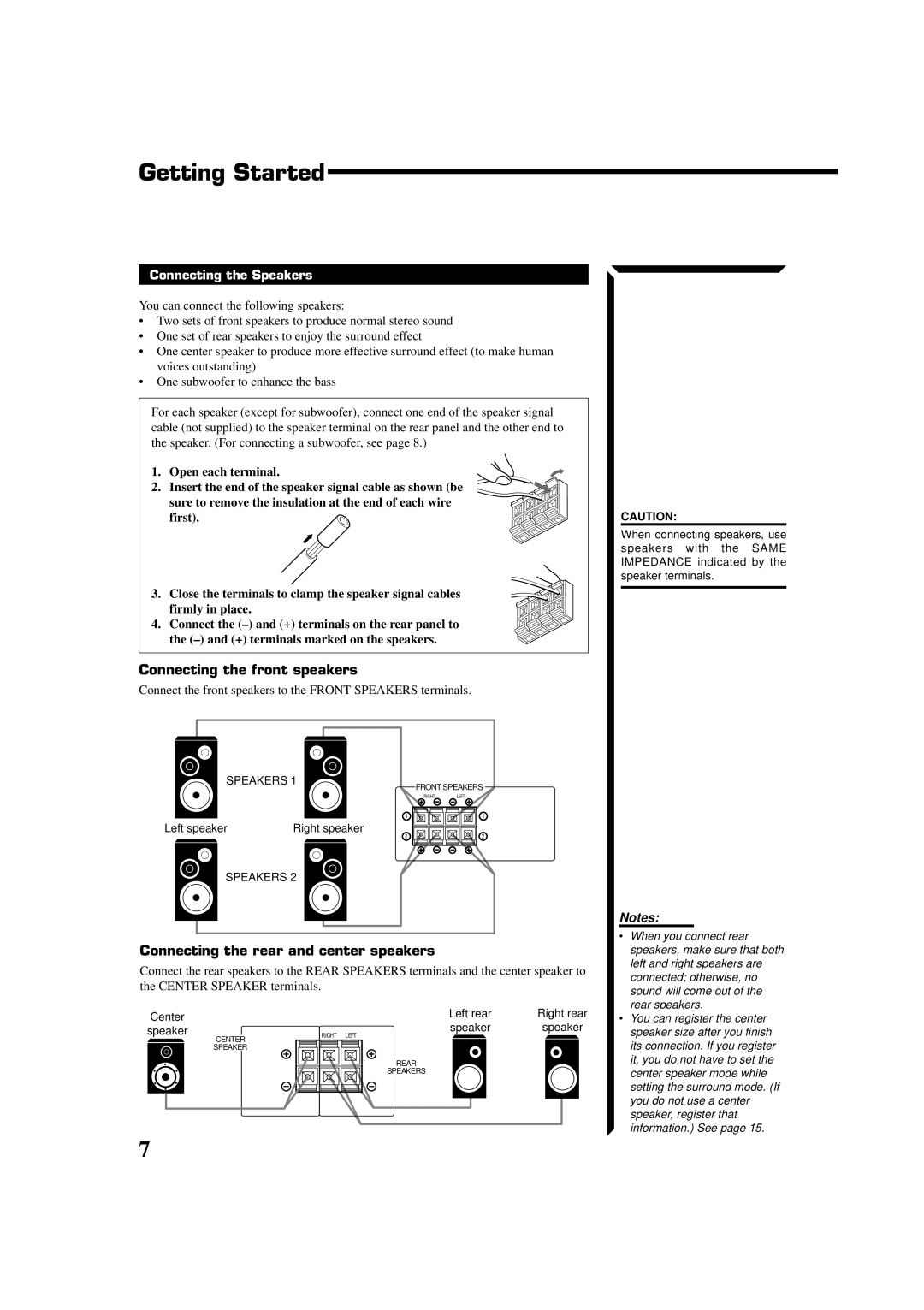 JVC RX-554VBK manual Getting Started, Connecting the front speakers, Connecting the rear and center speakers 