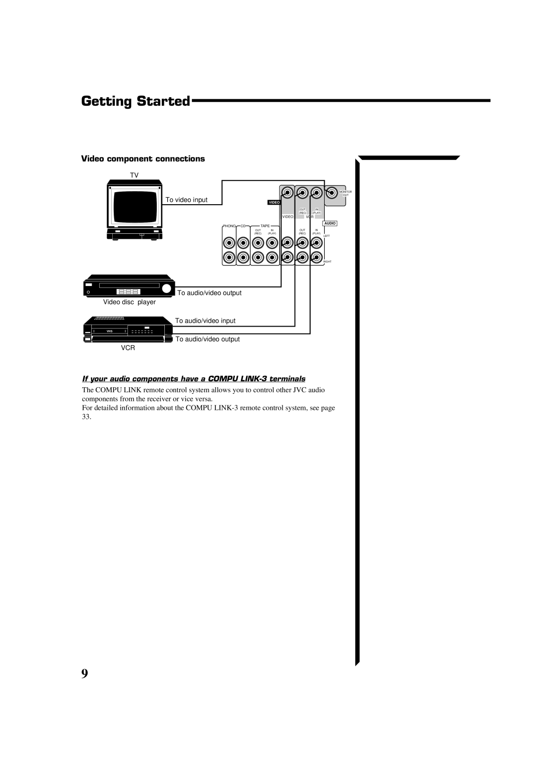 JVC RX-554VBK manual Video component connections, If your audio components have a Compu LINK-3 terminals 