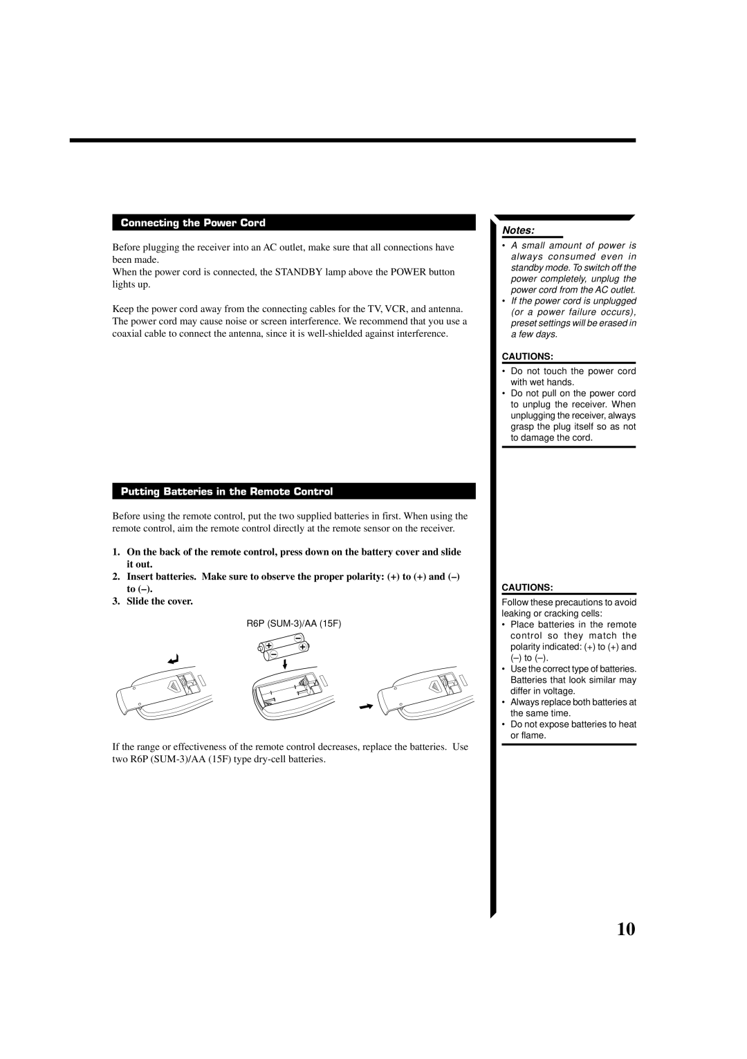 JVC RX-554VBK manual Connecting the Power Cord, Putting Batteries in the Remote Control 