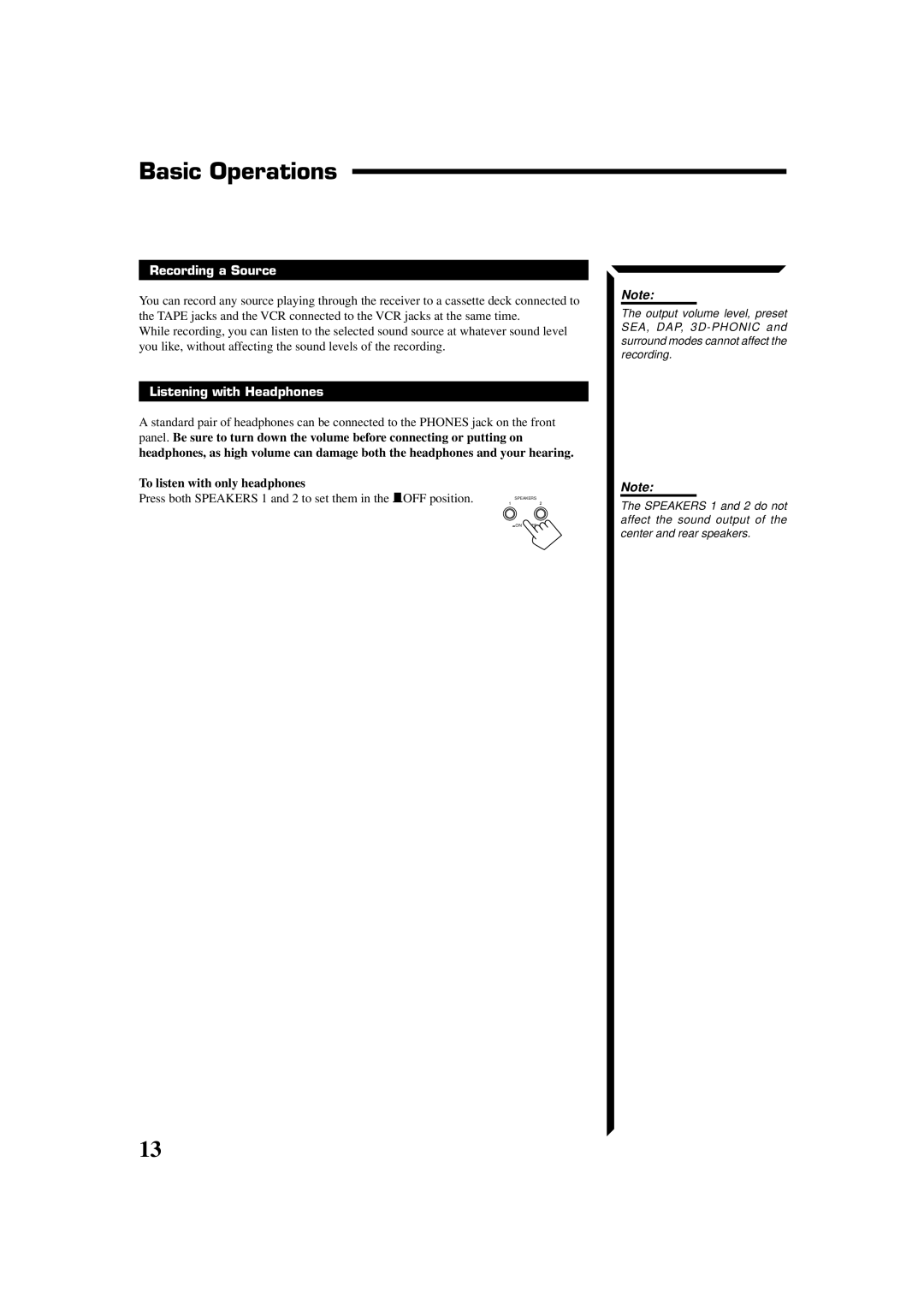 JVC RX-554VBK manual Basic Operations, Recording a Source, Listening with Headphones, To listen with only headphones 