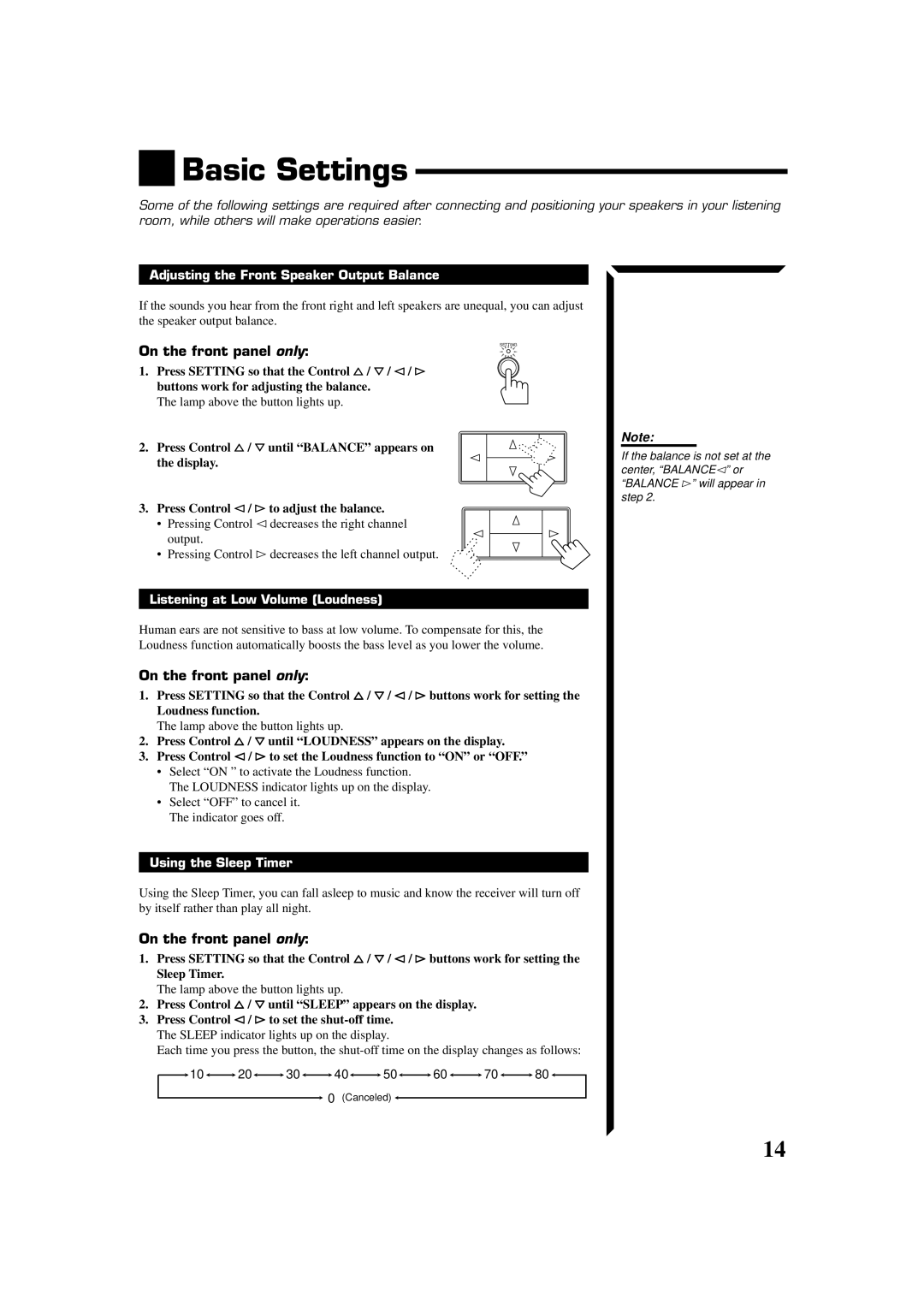 JVC RX-554VBK manual Basic Settings, Adjusting the Front Speaker Output Balance, Listening at Low Volume Loudness 