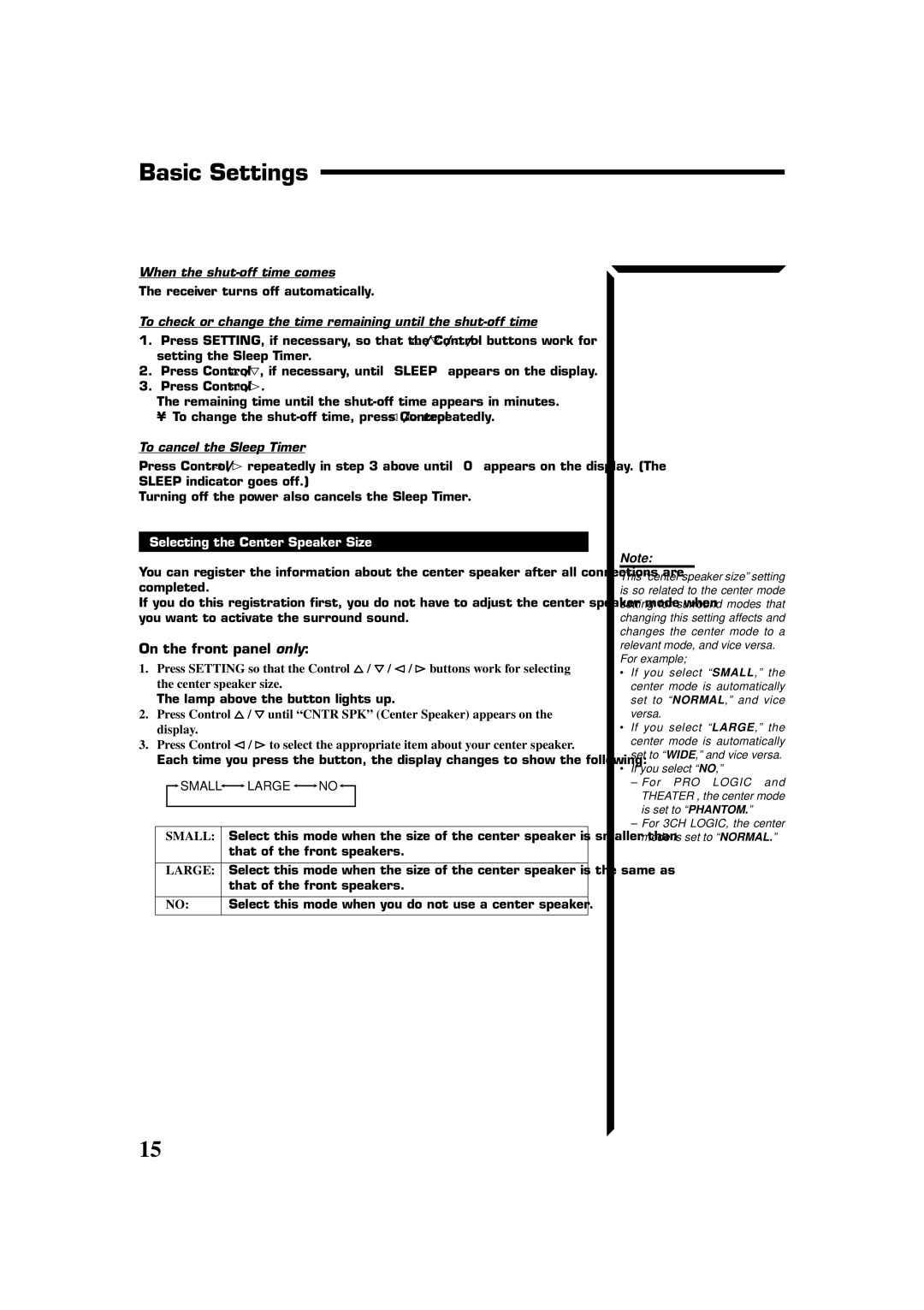 JVC RX-554VBK Basic Settings, When the shut-off time comes, To cancel the Sleep Timer, Selecting the Center Speaker Size 