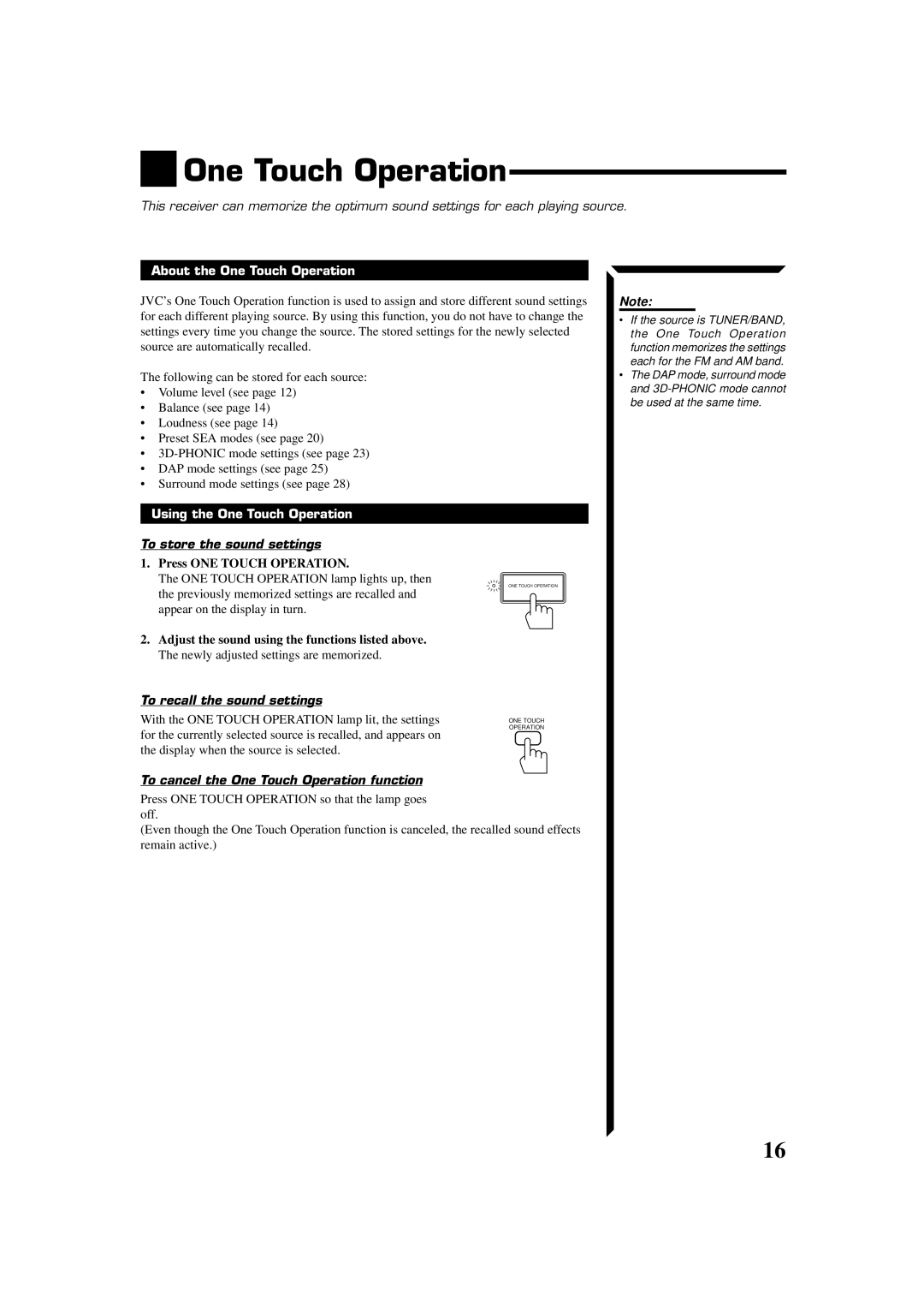 JVC RX-554VBK manual One Touch Operation, To store the sound settings, To recall the sound settings 