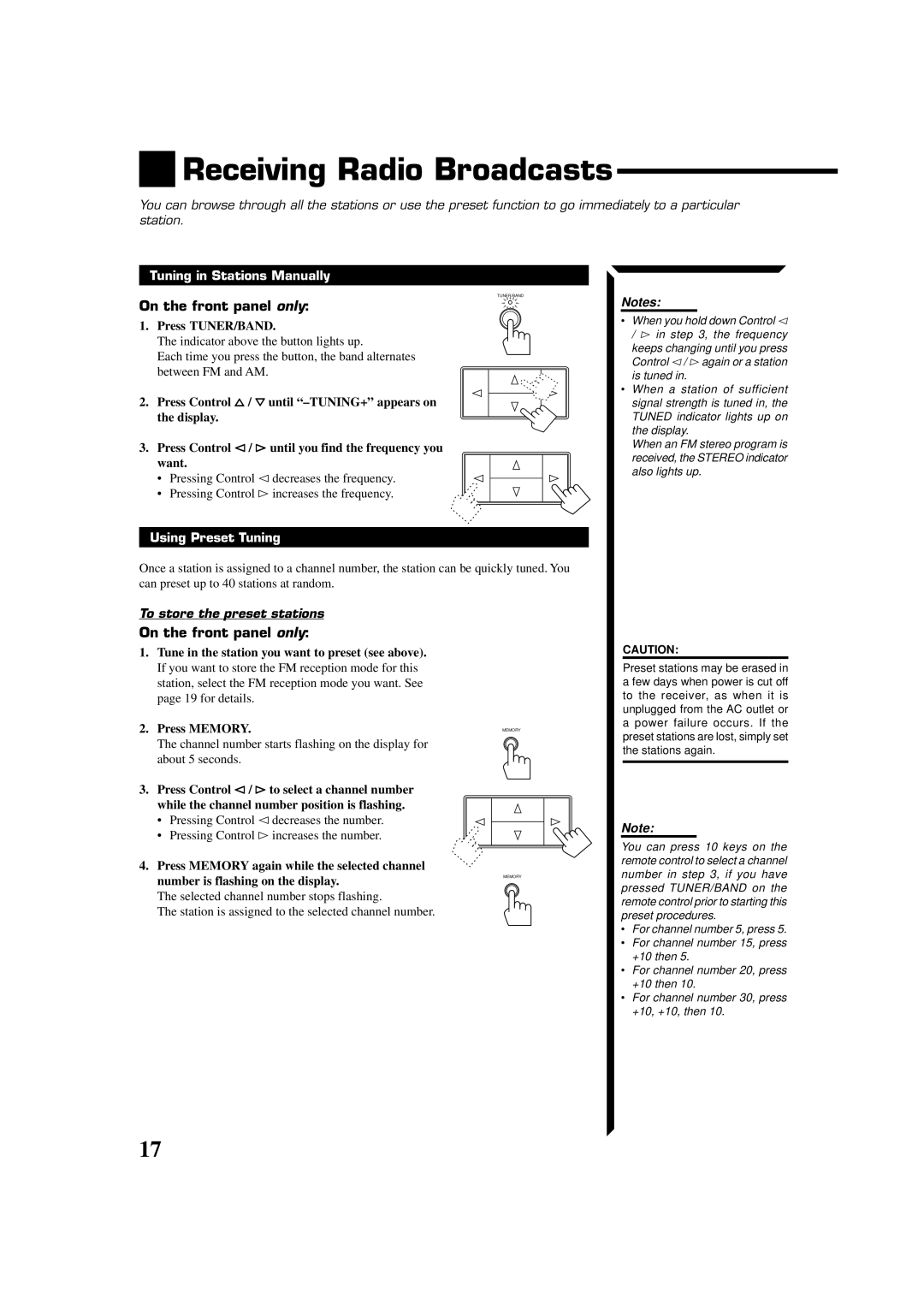 JVC RX-554VBK Receiving Radio Broadcasts, Tuning in Stations Manually, Using Preset Tuning, To store the preset stations 