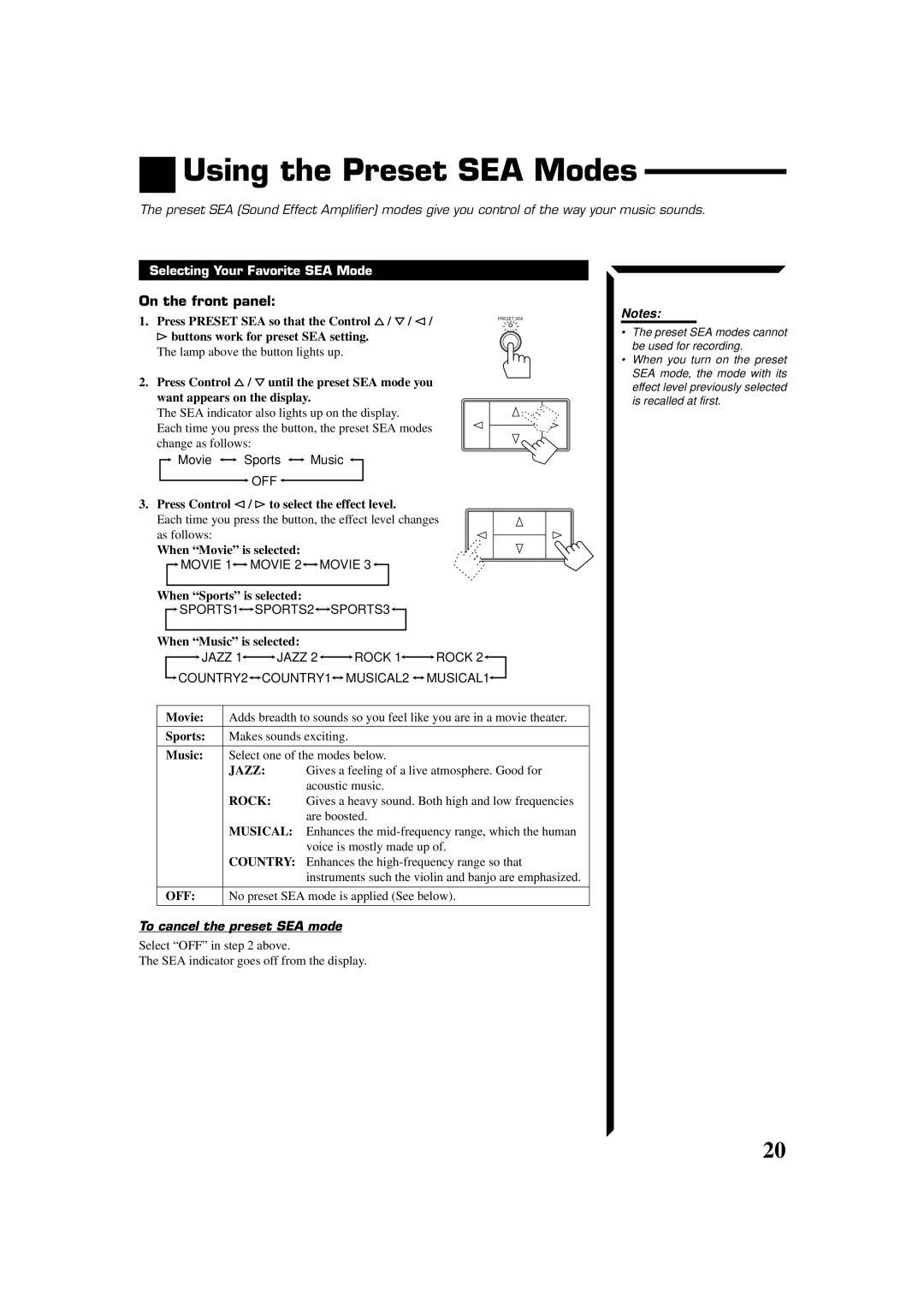 JVC RX-554VBK manual Using the Preset SEA Modes, Selecting Your Favorite SEA Mode, To cancel the preset SEA mode 