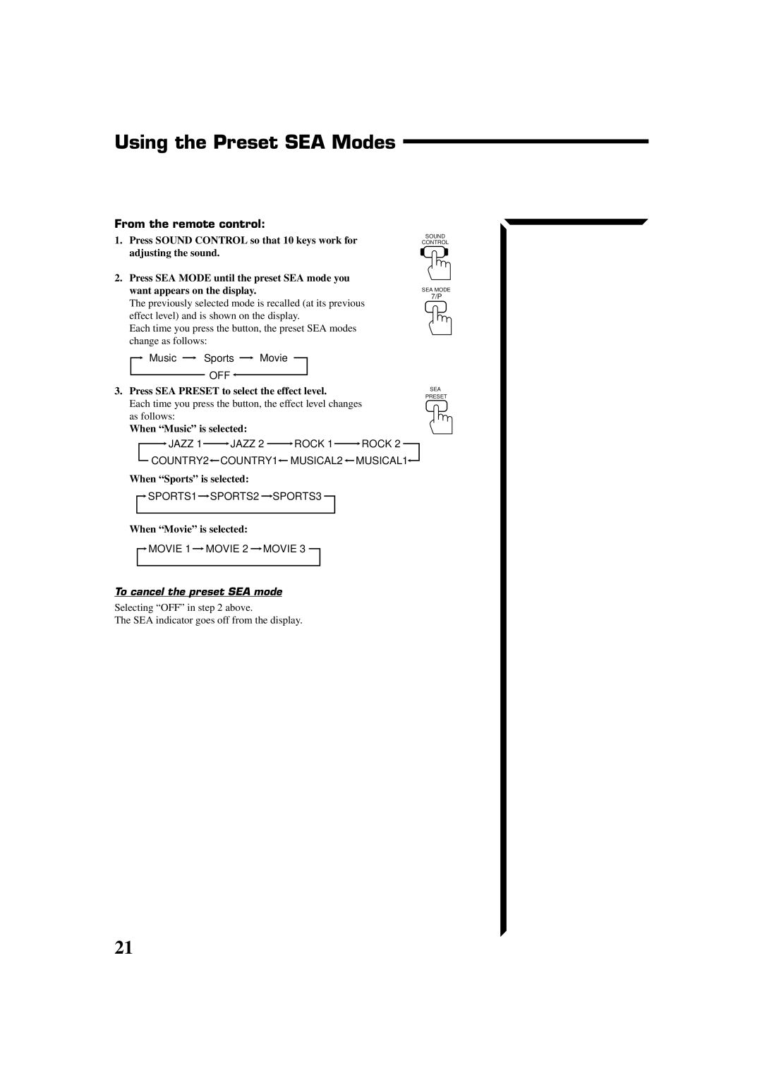 JVC RX-554VBK manual Using the Preset SEA Modes, Press SEA Preset to select the effect level 