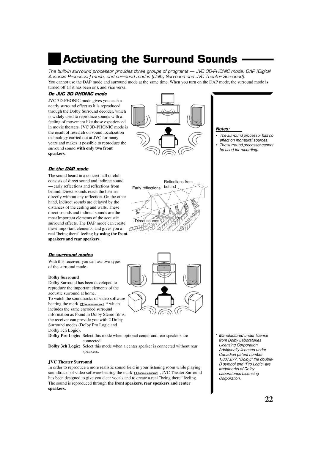 JVC RX-554VBK manual Activating the Surround Sounds, On JVC 3D Phonic mode, On the DAP mode, On surround modes 