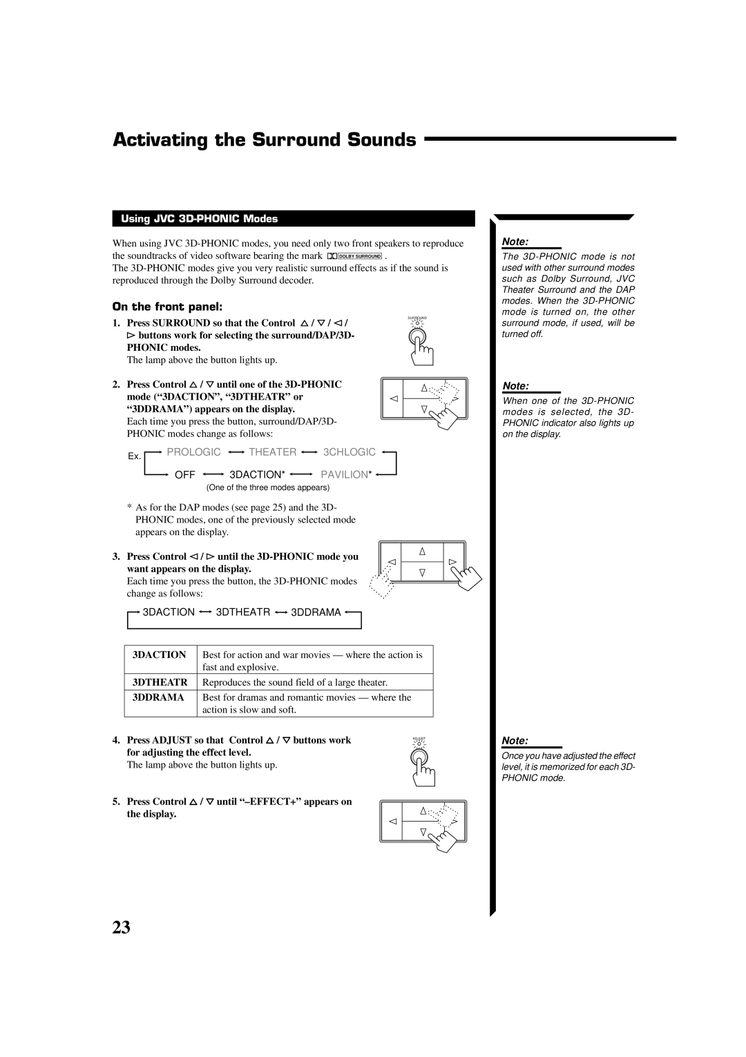 JVC RX-554VBK manual Activating the Surround Sounds, Using JVC 3D-PHONIC Modes, 3DACTION, 3DTHEATR, 3DDRAMA 