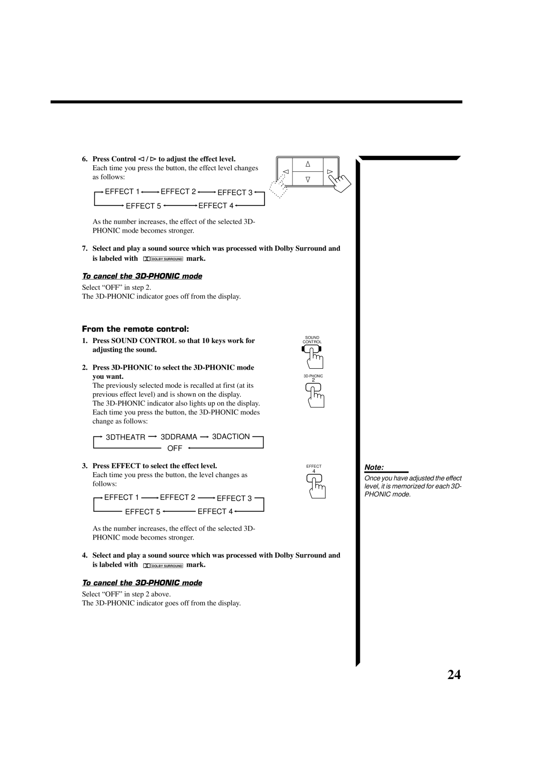 JVC RX-554VBK manual Press Control @ / #to adjust the effect level, To cancel the 3D-PHONIC mode 