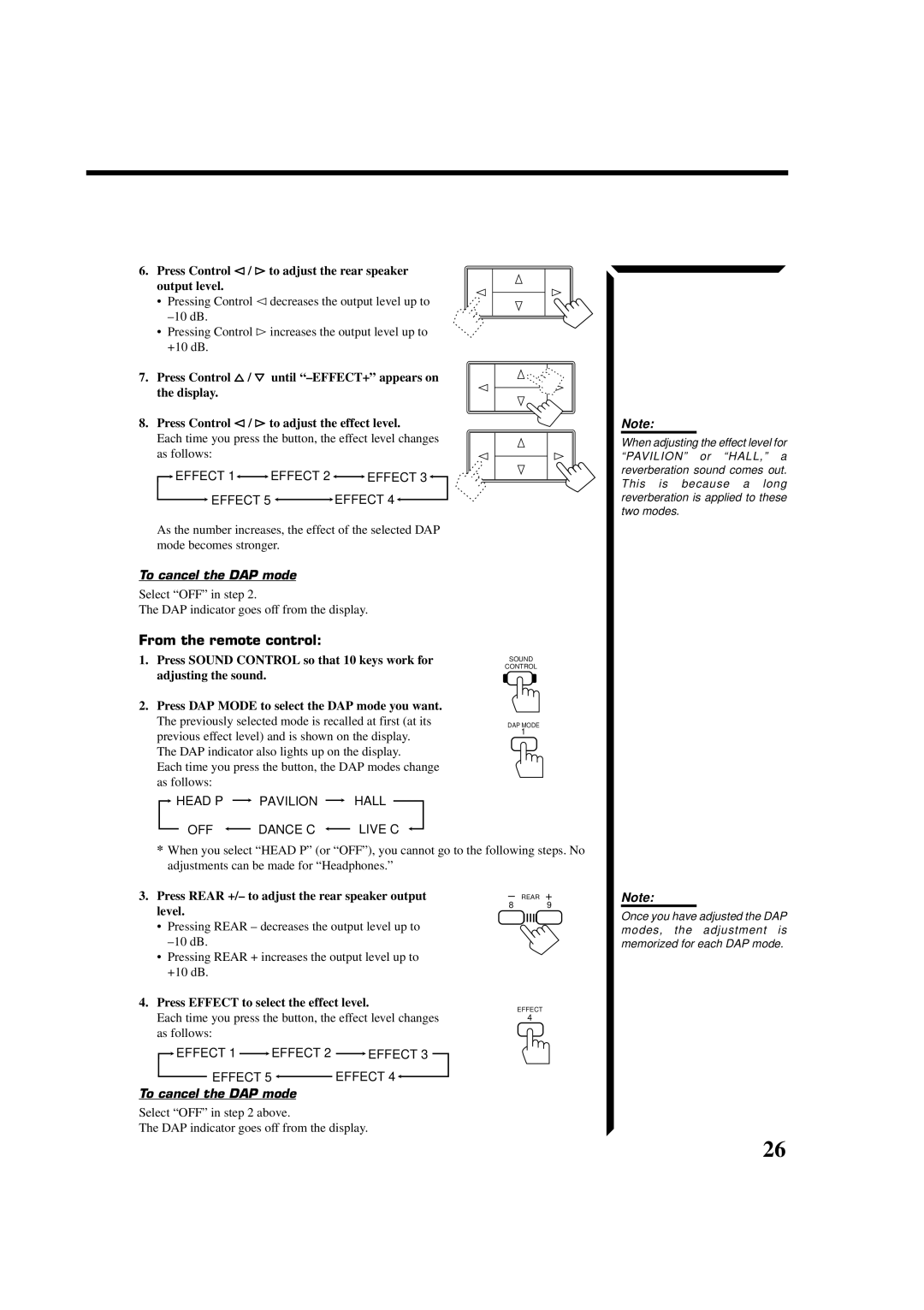 JVC RX-554VBK manual Press Control @/ #to adjust the rear speaker output level, To cancel the DAP mode 