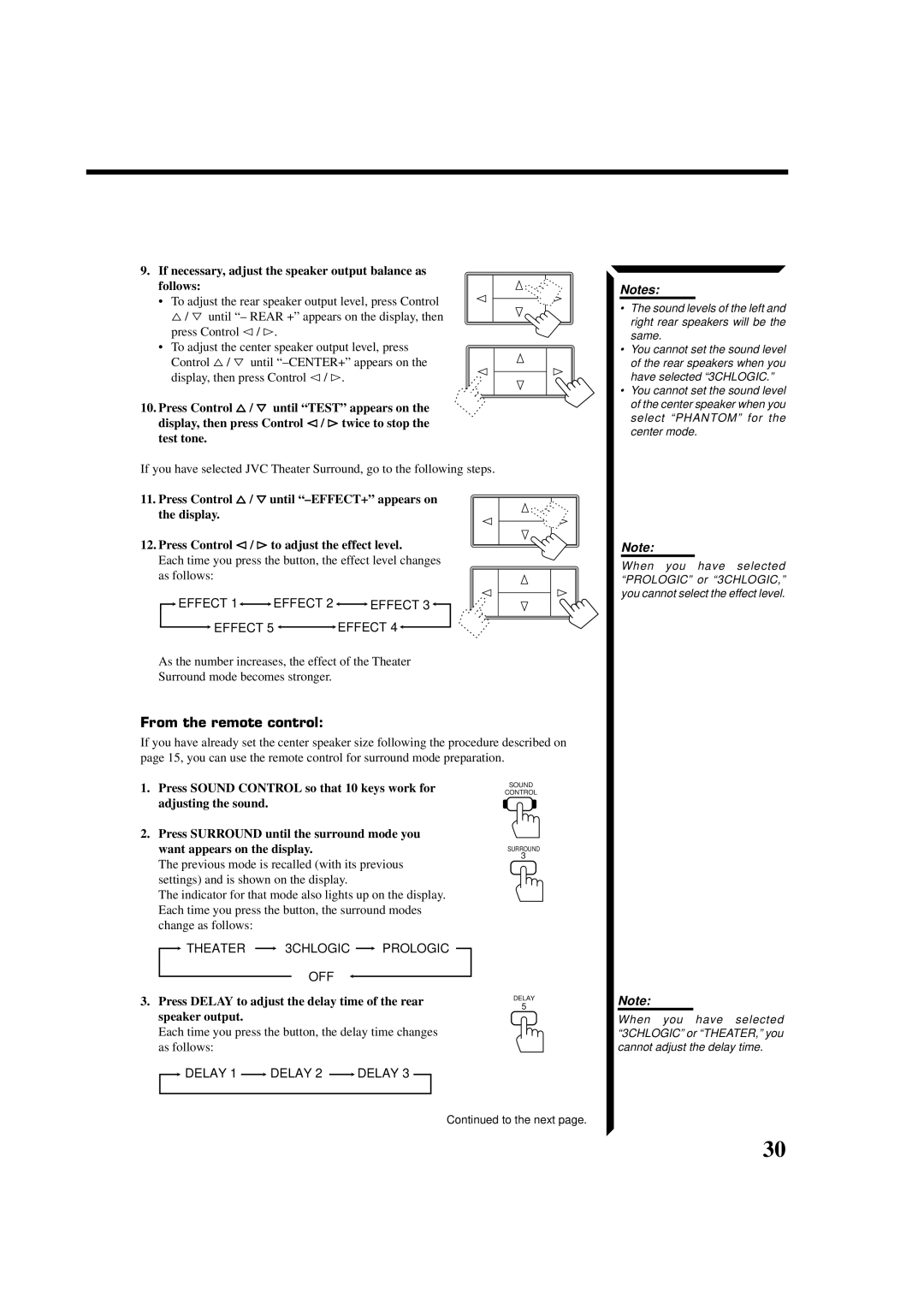 JVC RX-554VBK manual If necessary, adjust the speaker output balance as follows, Delay 1 Delay 2 Delay 