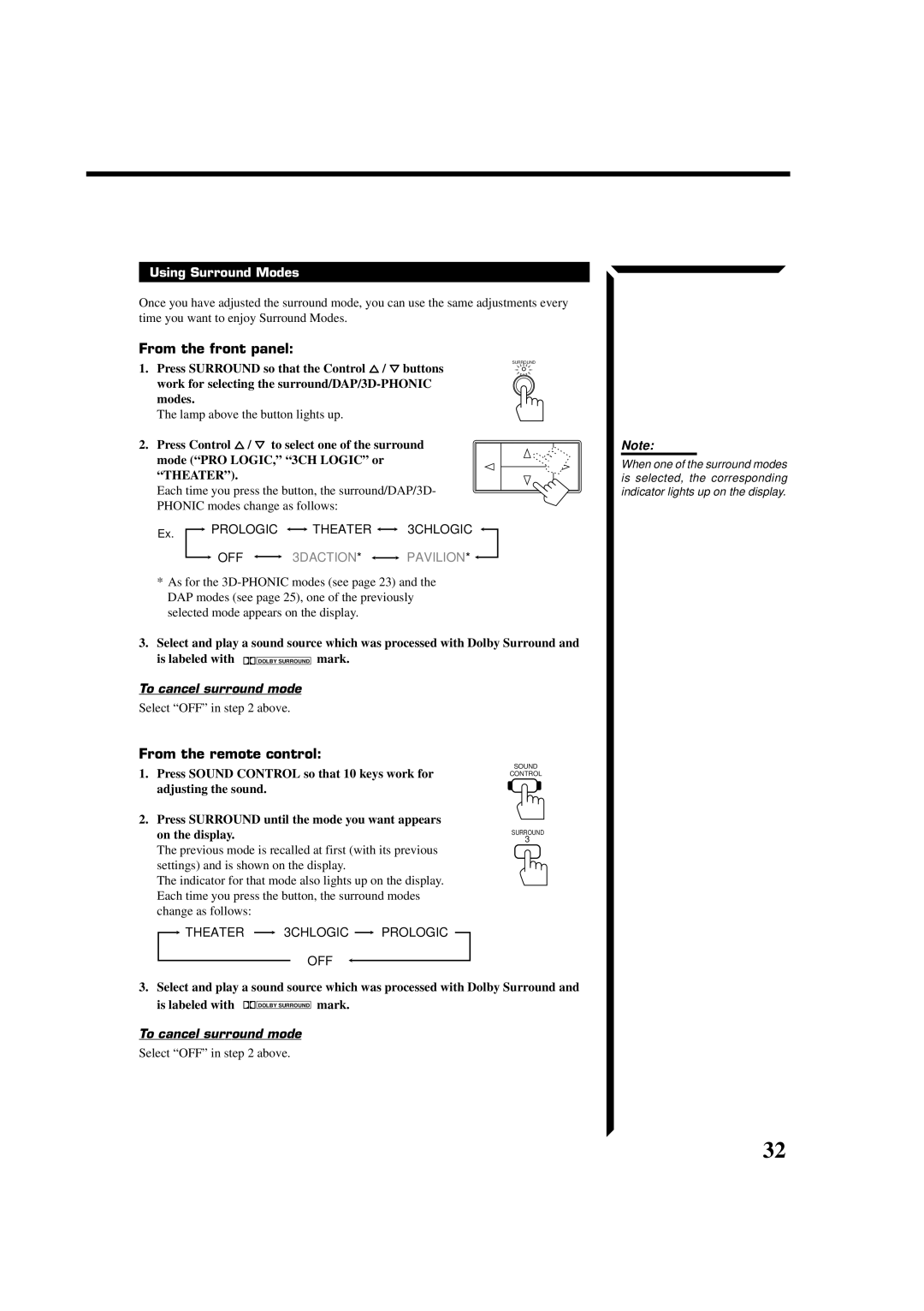 JVC RX-554VBK manual From the front panel, Using Surround Modes, To cancel surround mode, Select OFF in above 