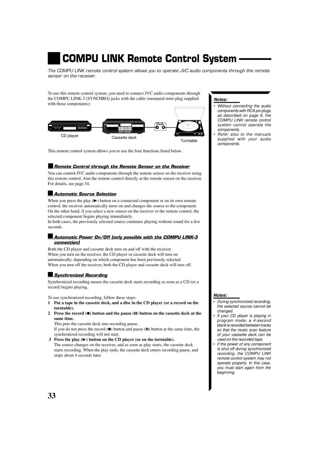 JVC RX-554VBK manual Compu Link Remote Control System, Remote Control through the Remote Sensor on the Receiver 