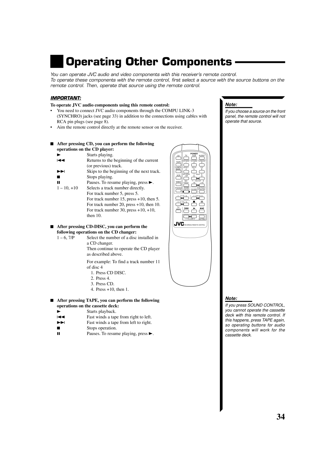 JVC RX-554VBK manual Operating Other Components, To operate JVC audio components using this remote control, Starts playing 