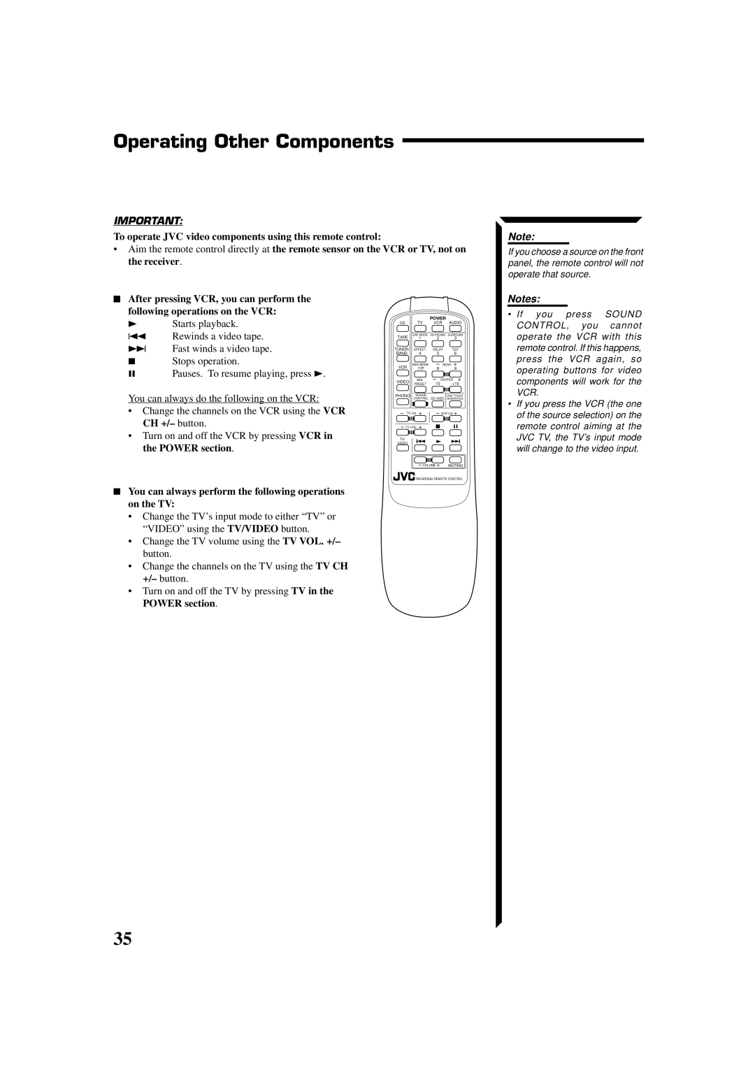 JVC RX-554VBK manual Operating Other Components, You can always perform the following operations on the TV 