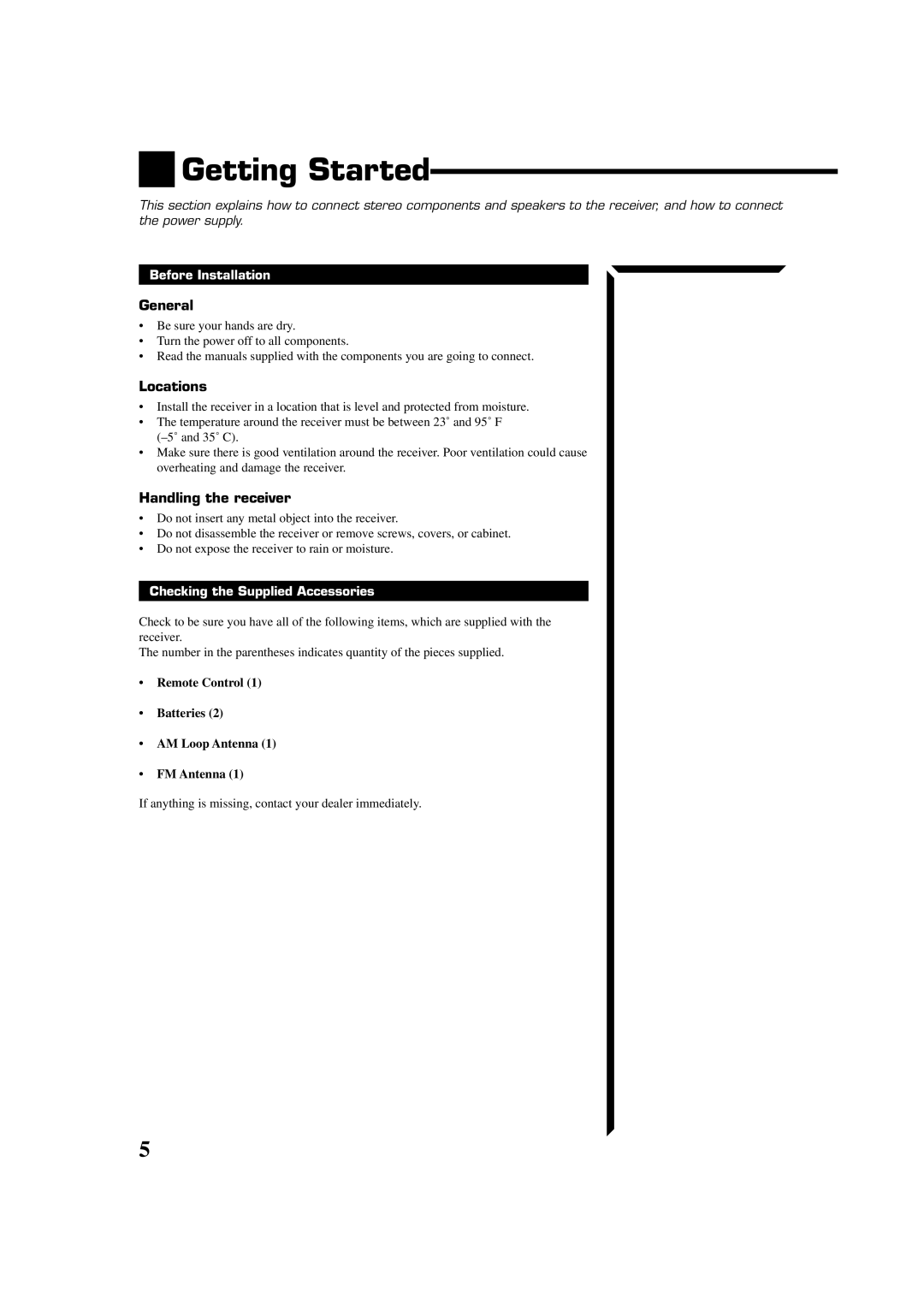 JVC RX-554VBK manual Getting Started, General, Locations, Handling the receiver 