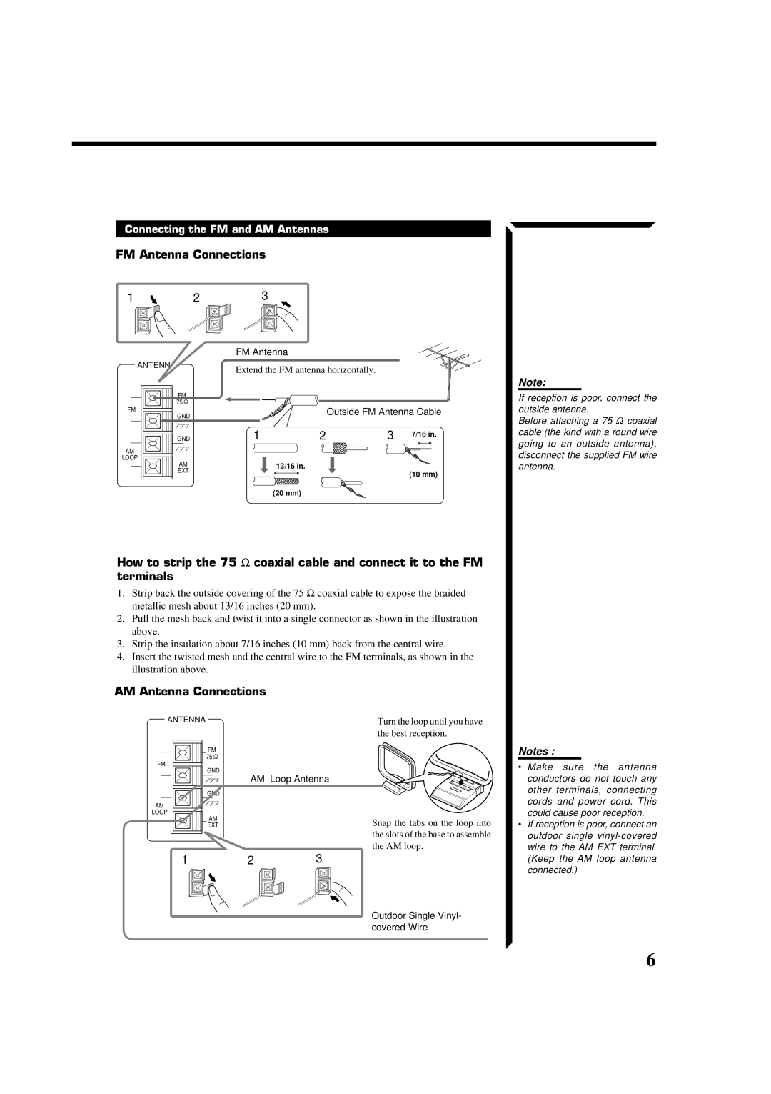 JVC RX-554VBK manual FM Antenna Connections, AM Antenna Connections, Connecting the FM and AM Antennas 