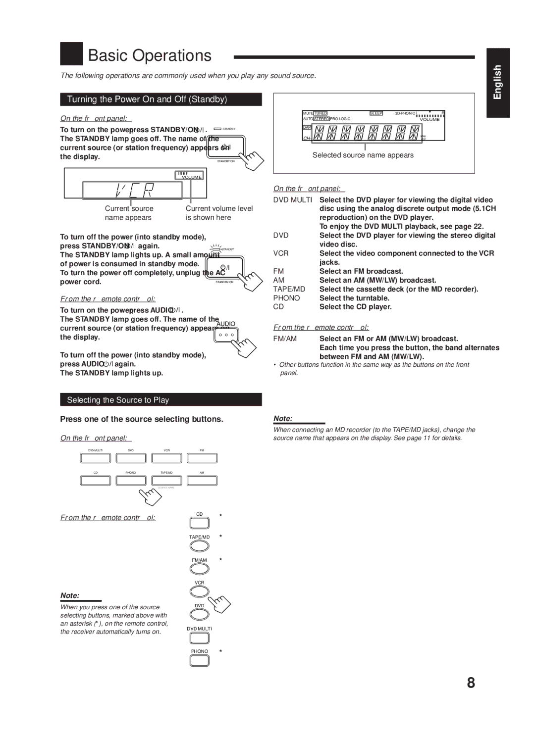 JVC RX-558RBK manual Basic Operations, Turning the Power On and Off Standby, On the front panel, From the remote control 