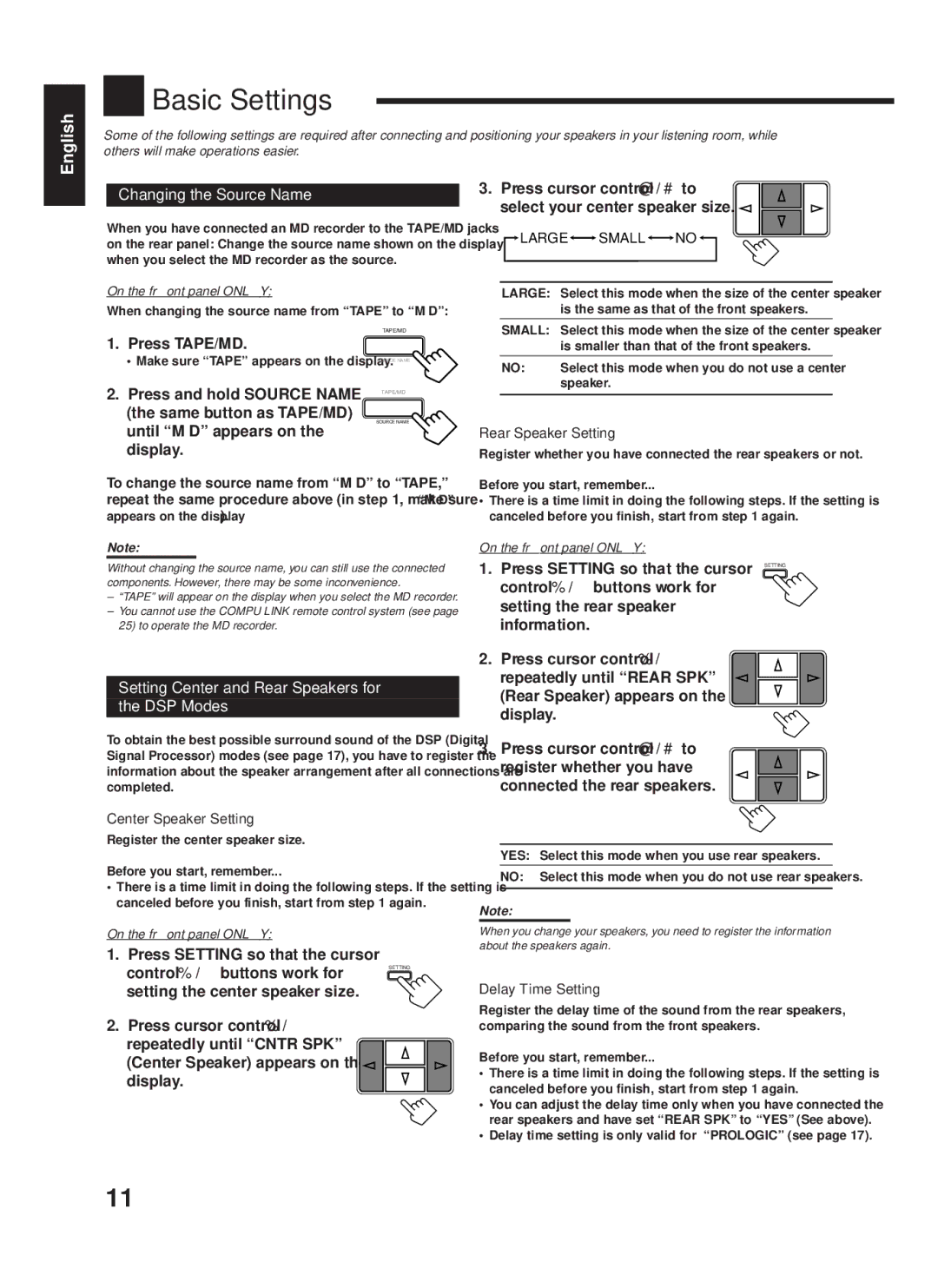 JVC RX-558RBK manual Basic Settings, Changing the Source Name, Setting Center and Rear Speakers for DSP Modes 