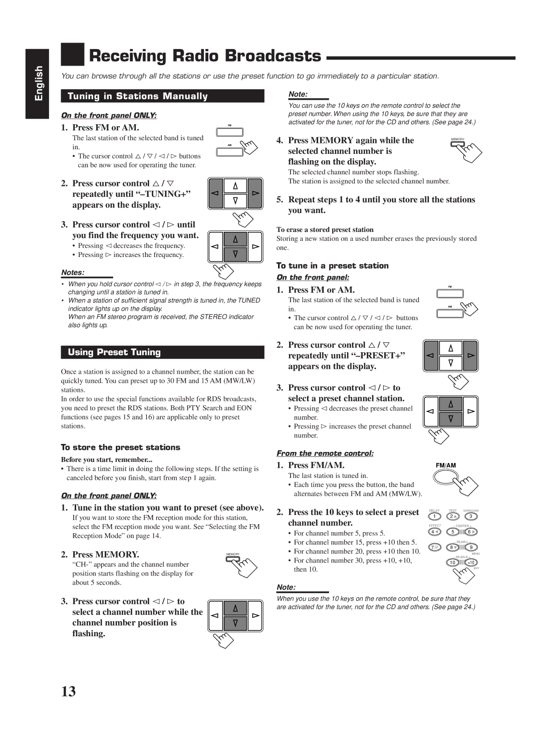 JVC RX-558RBK manual Receiving Radio Broadcasts, Tuning in Stations Manually, Using Preset Tuning 