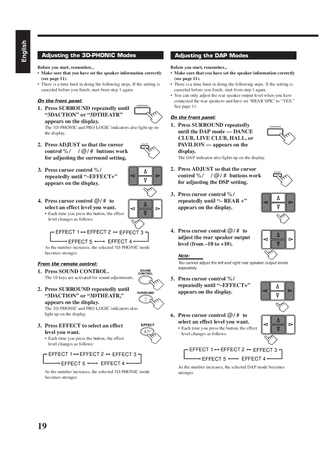 JVC RX-558RBK manual Adjusting the 3D-PHONIC Modes, Adjusting the DAP Modes 