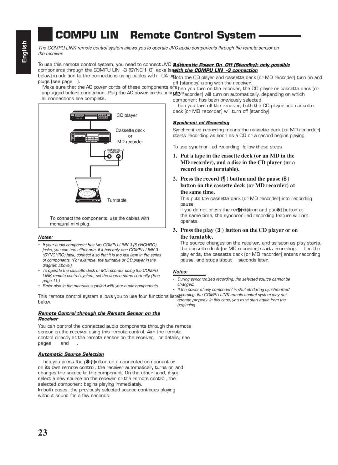 JVC RX-558RBK manual Compu Link Remote Control System, Same time, Synchronized Recording, Automatic Source Selection 