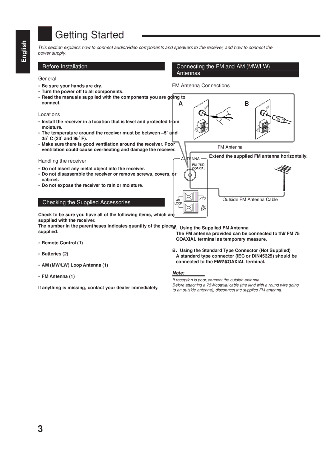 JVC RX-558RBK manual Getting Started, Before Installation, Connecting the FM and AM MW/LW Antennas 