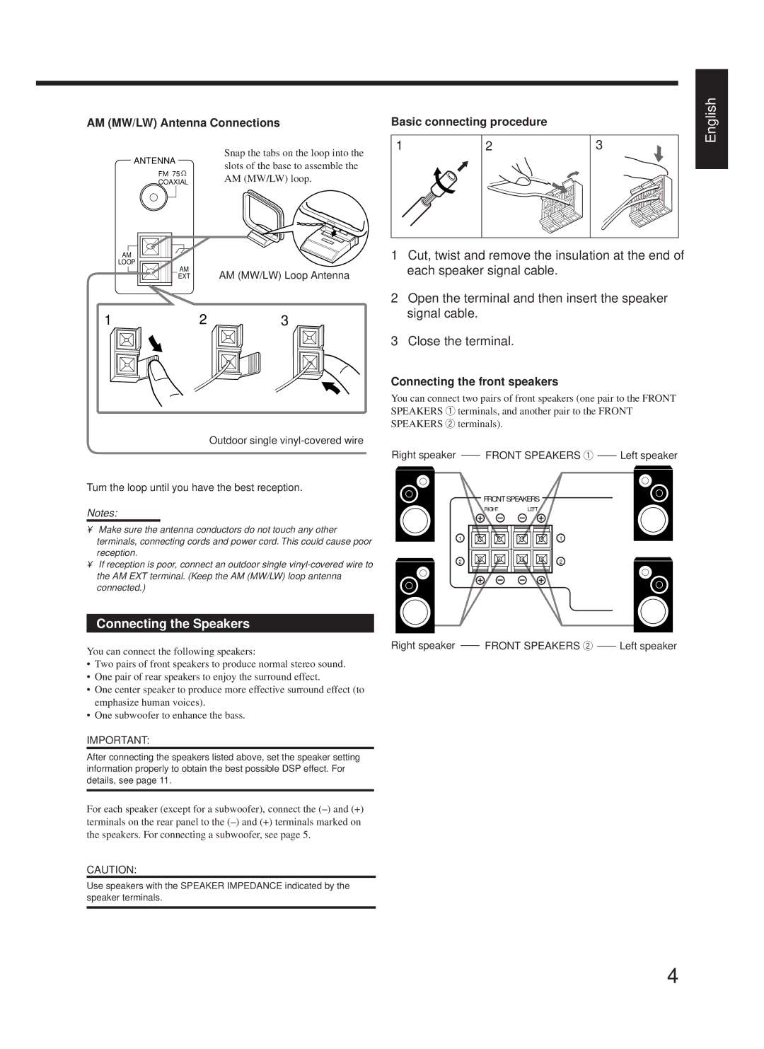 JVC RX-558RBK manual Connecting the Speakers, AM MW/LW Antenna Connections, Basic connecting procedure 