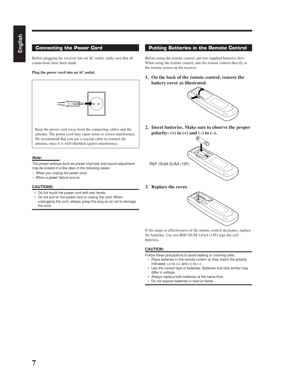 JVC RX-558RBK Connecting the Power Cord, Putting Batteries in the Remote Control, Replace the cover, R6P SUM-3/AA 15F 