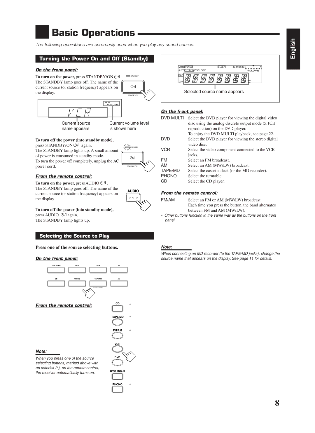 JVC RX-558RBK manual Basic Operations, Turning the Power On and Off Standby, On the front panel, From the remote control 