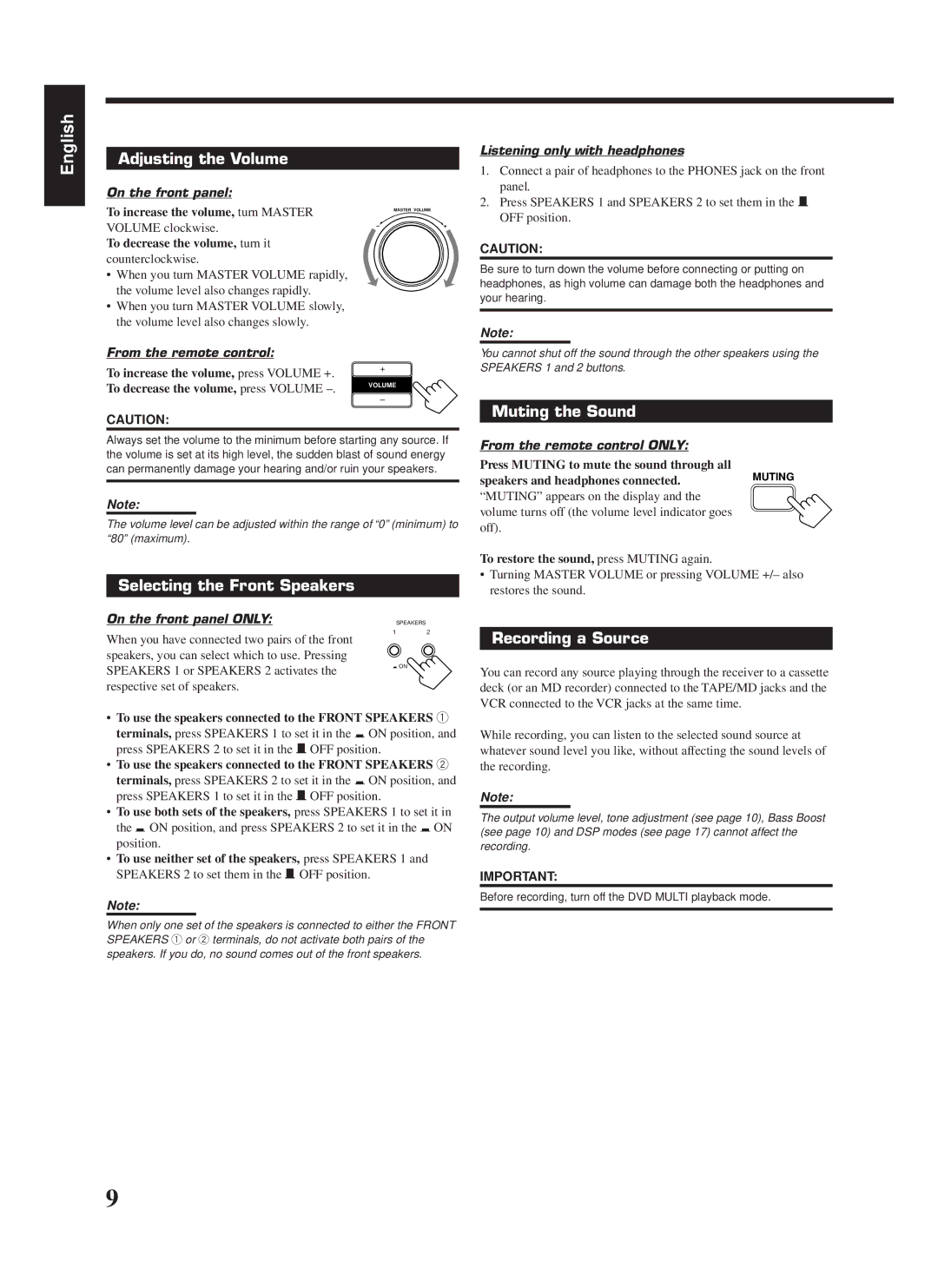 JVC RX-558RBK manual Adjusting the Volume, Muting the Sound, Selecting the Front Speakers, Recording a Source 