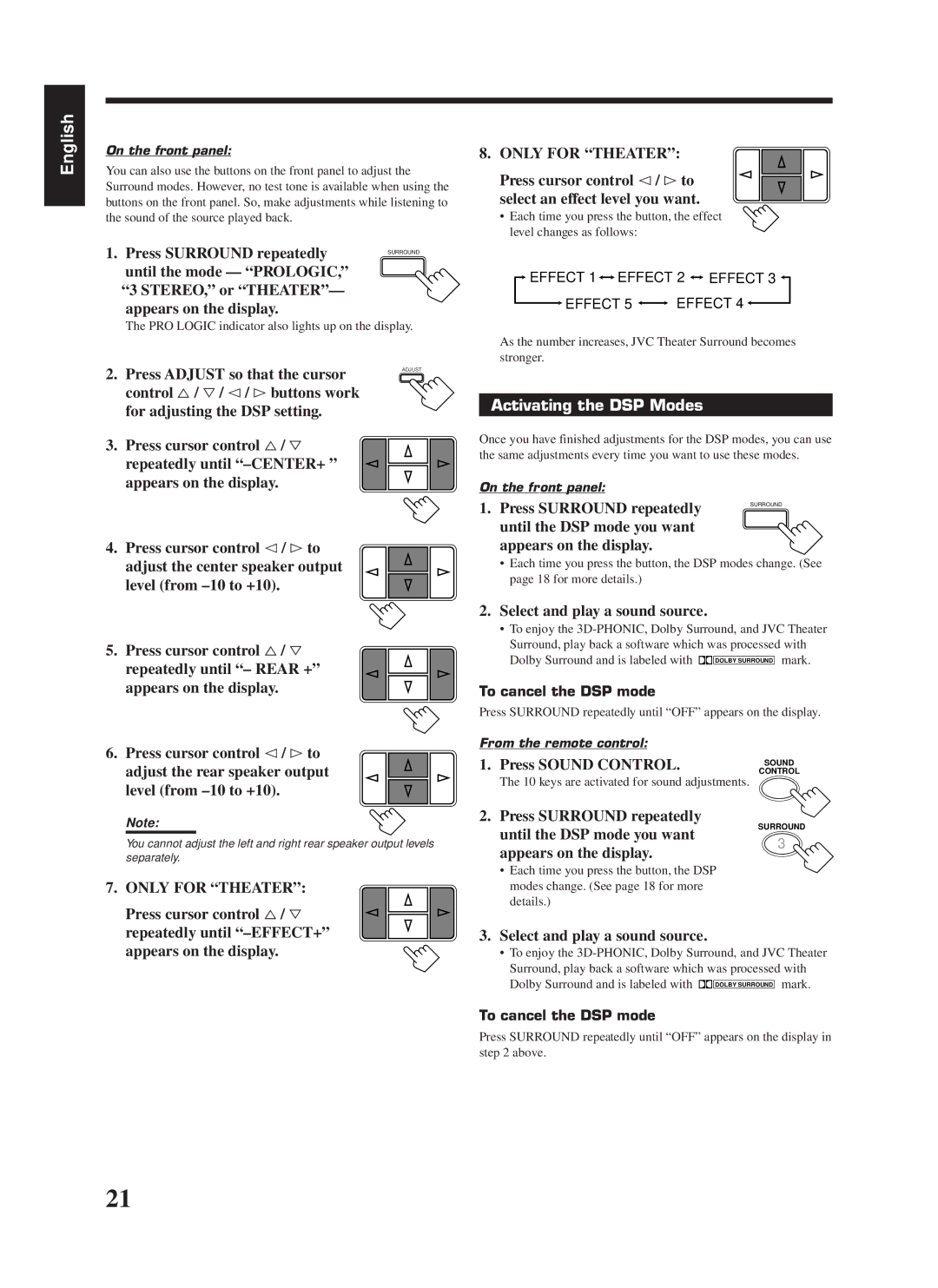 JVC RX-558RBK Press Surround repeatedly, Activating the DSP Modes, Until the DSP mode you want Appears on the display 