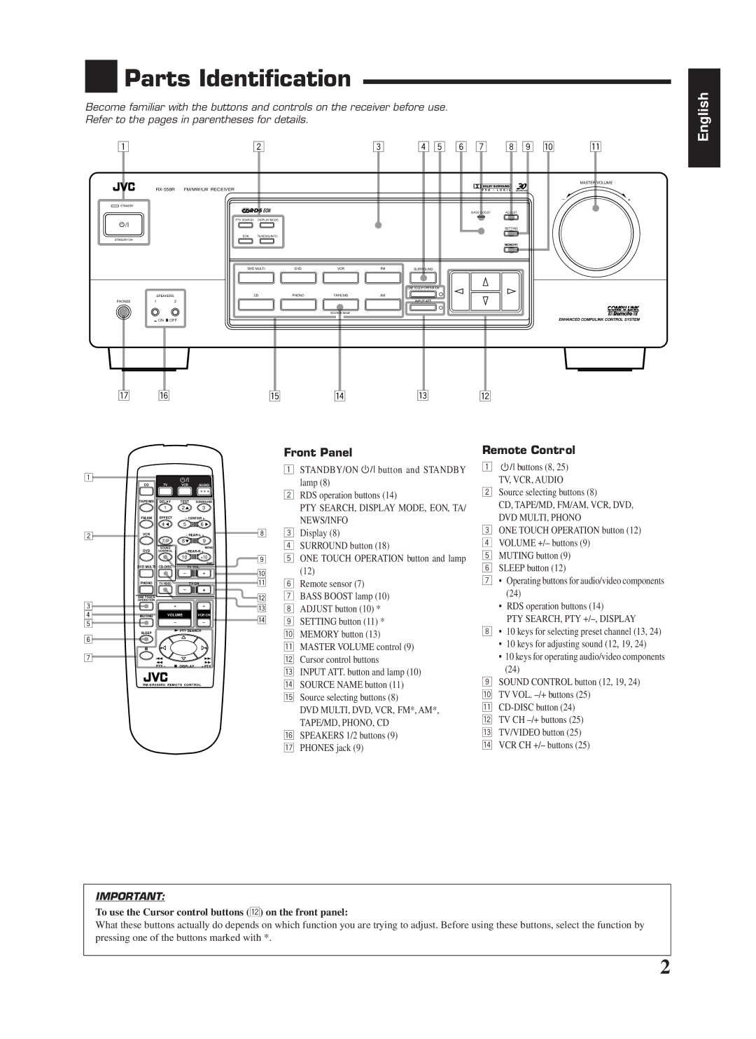 JVC RX-558RBK Parts Identification, Front Panel, Remote Control, To use the Cursor control buttons w on the front panel 