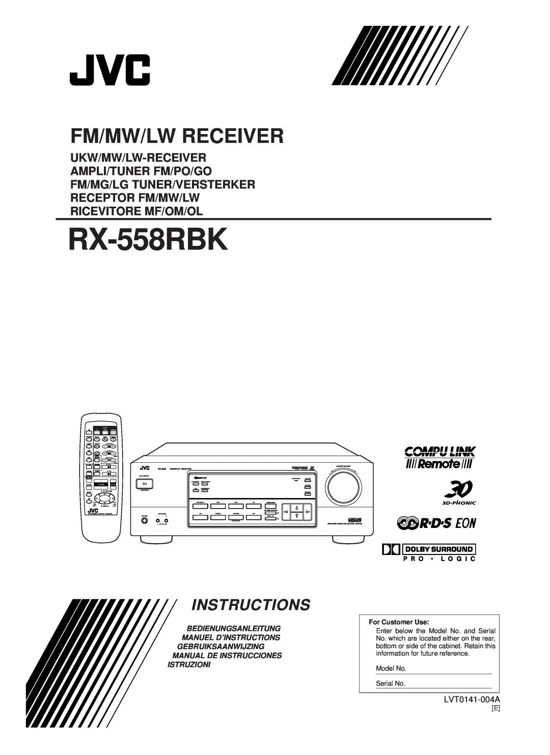 JVC RX-558RBK manual Ukw/Mw/Lw-Receiver, Fm/Mw/Lw Receiver, Instructions, LVT0141-004A, RX-558RFM/MW/LW RECEIVER, On Ñ Off 