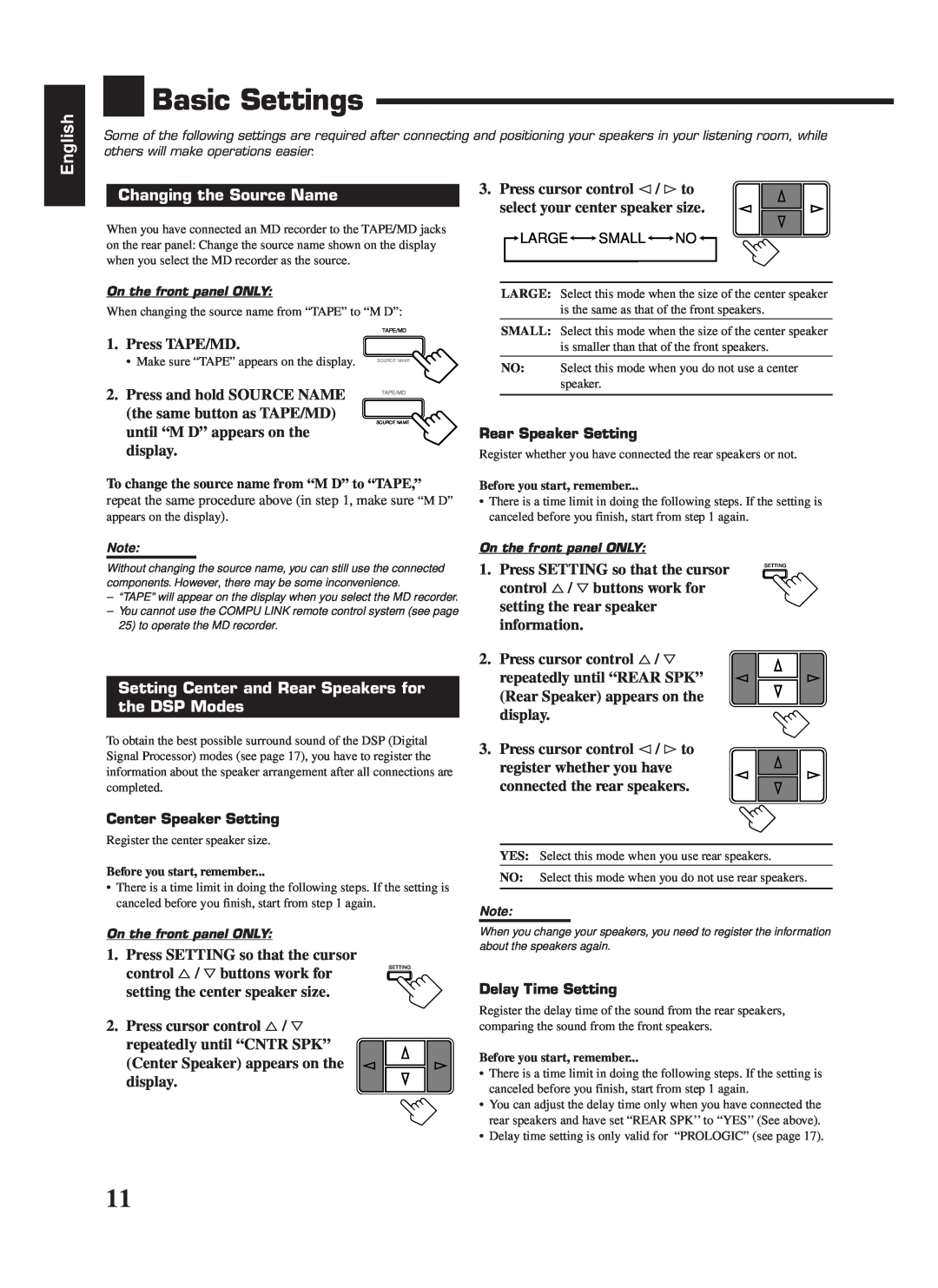 JVC RX-558RBK manual Basic Settings, Changing the Source Name, Setting Center and Rear Speakers for, the DSP Modes, English 