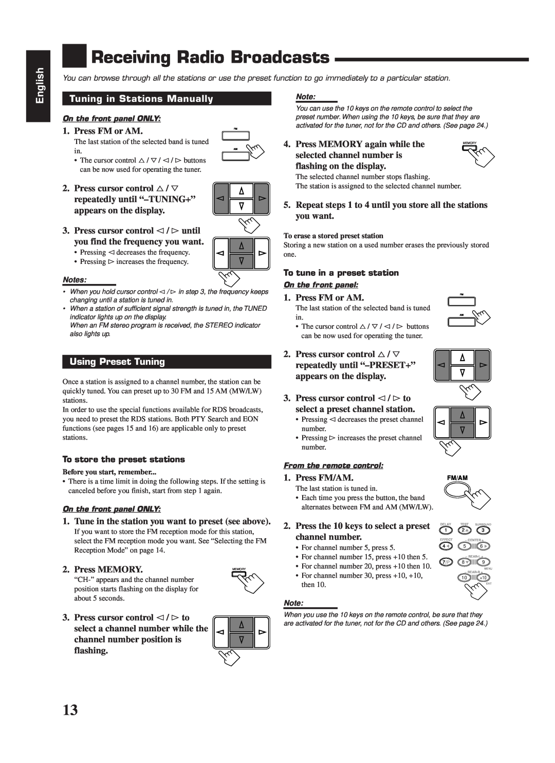 JVC RX-558RBK manual Receiving Radio Broadcasts, Tuning in Stations Manually, Using Preset Tuning, English 