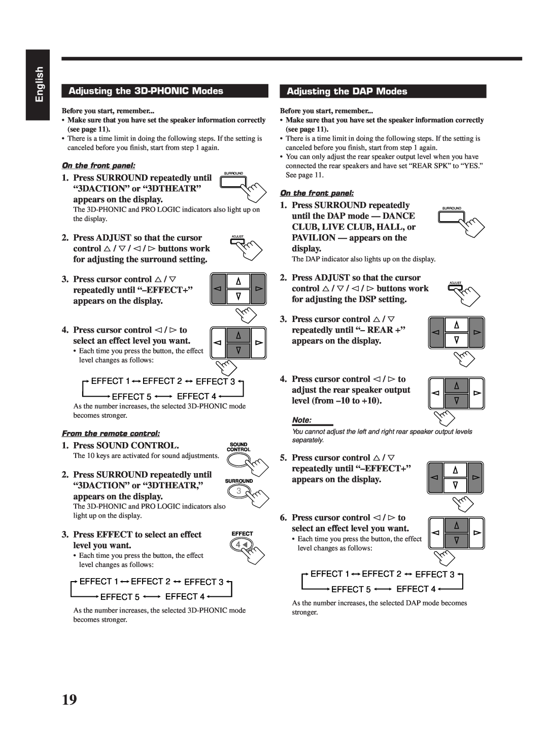 JVC RX-558RBK manual Adjusting the 3D-PHONICModes, Adjusting the DAP Modes, English 