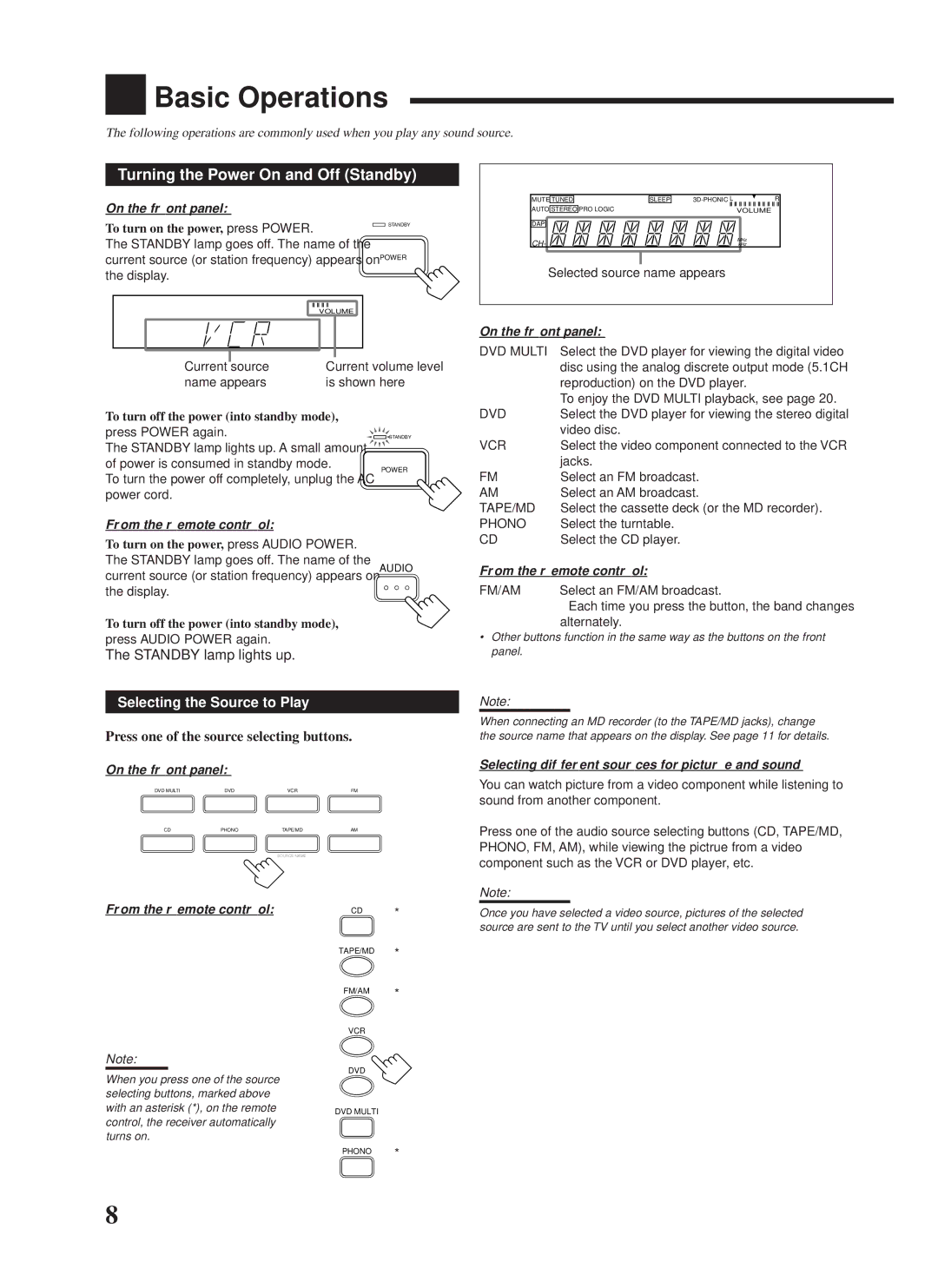 JVC RX-558VBK manual Basic Operations, Turning the Power On and Off Standby, On the front panel, From the remote control 