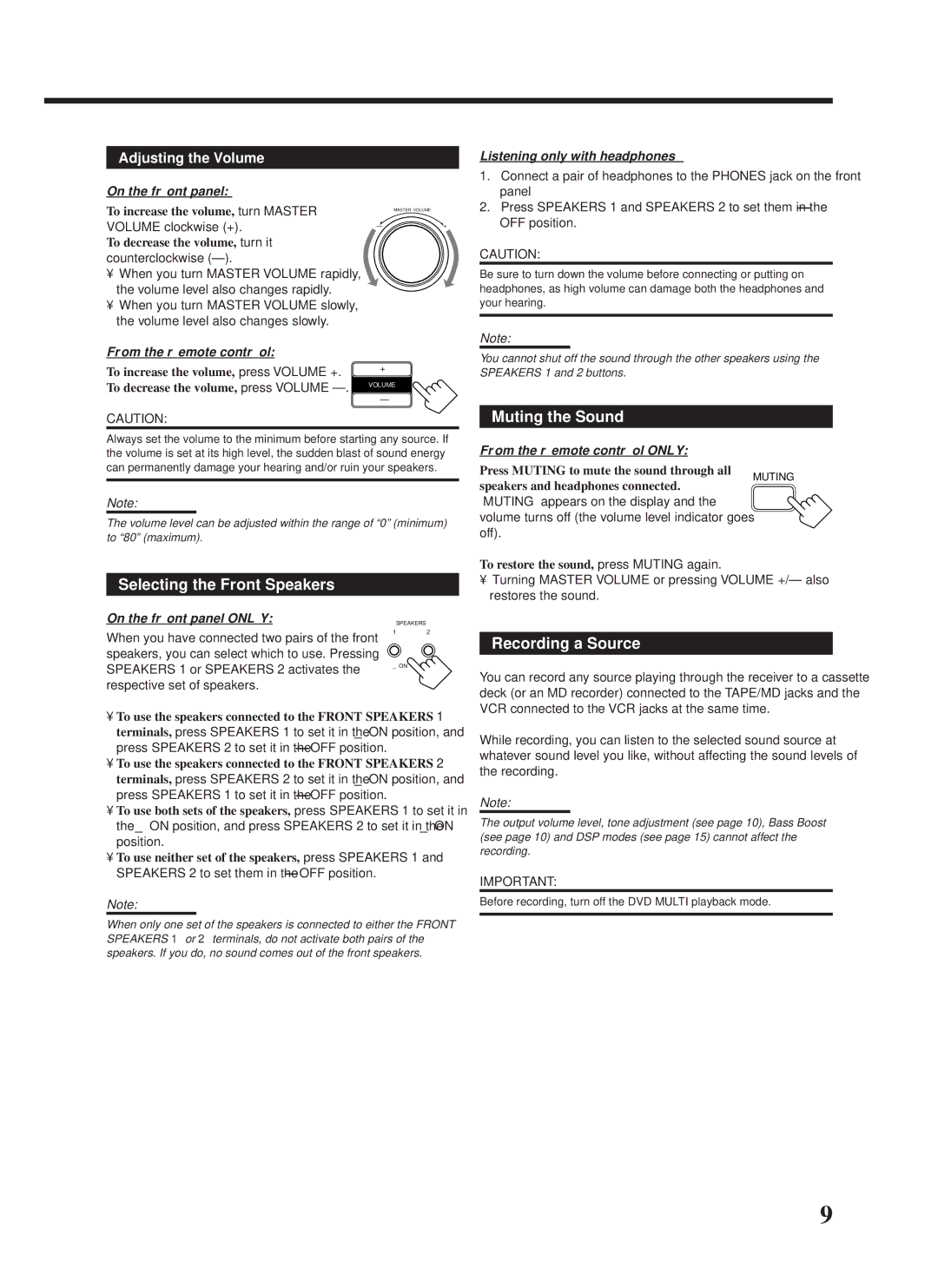 JVC RX-558VBK manual Muting the Sound, Selecting the Front Speakers, Recording a Source 