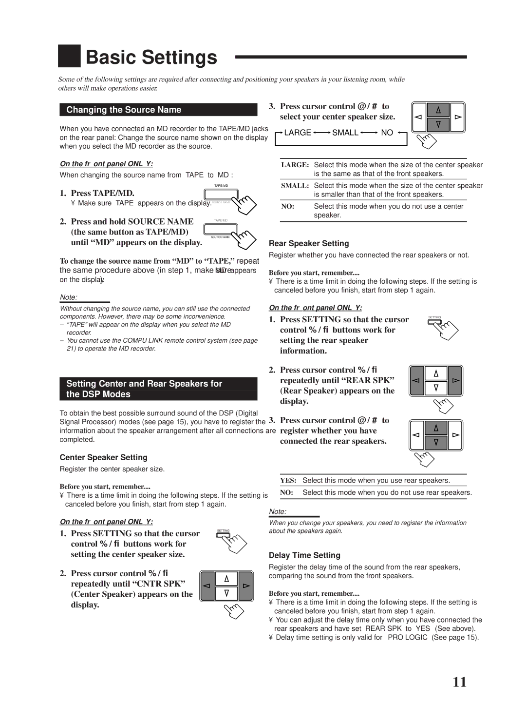 JVC RX-558VBK manual Changing the Source Name, Setting Center and Rear Speakers for DSP Modes 